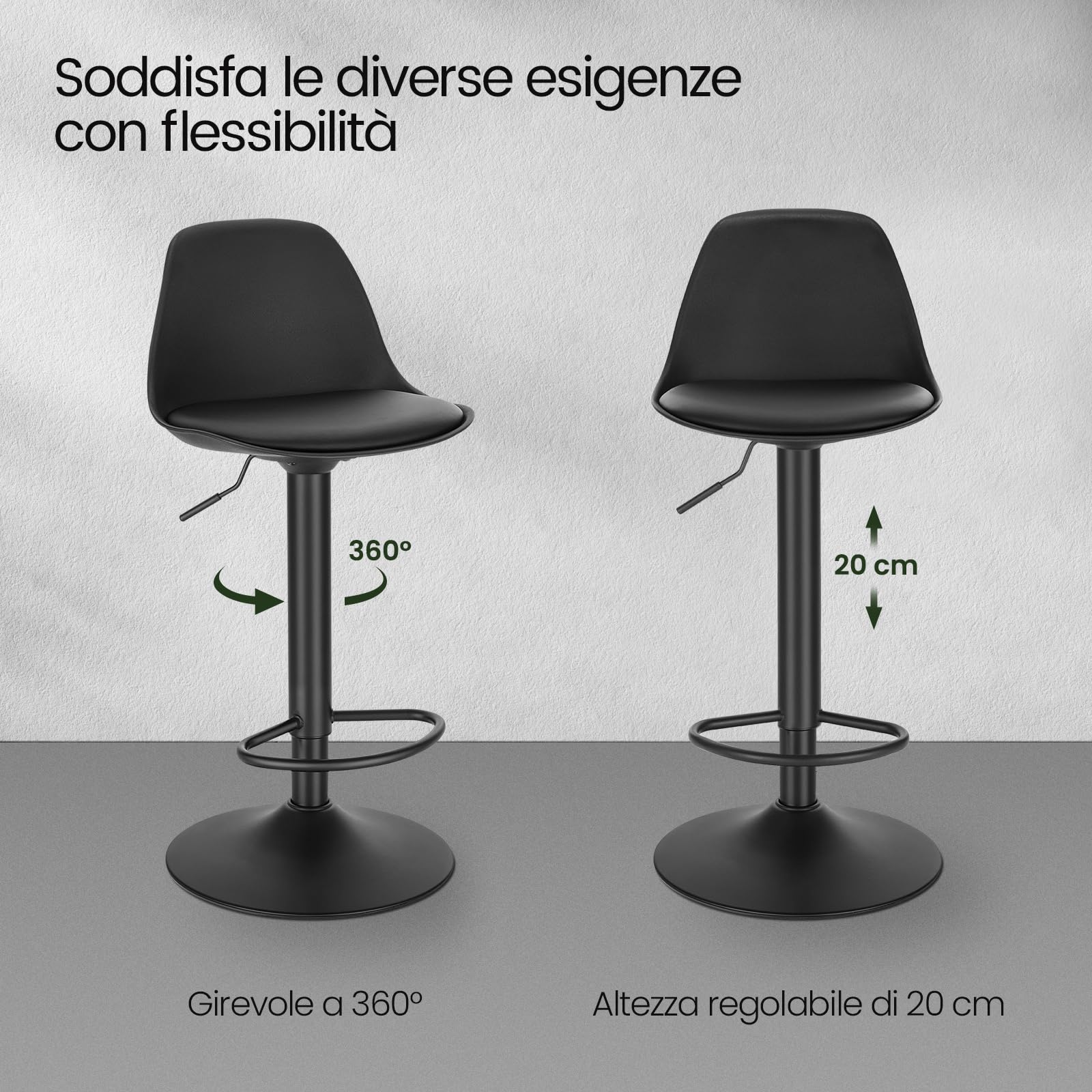 EUGAD Coppia Sgabello da Bar Moderno Sgabello Alto con schienale in Simipelle Sedia Alta da Cucina Regolabile Girevole Nero