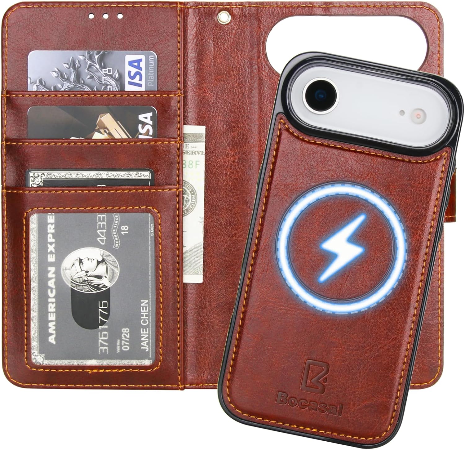 Bocasal for iPhone 17 Air Wallet Case Compatible with MagSafe Wireless Charging, RFID Blocking Magnetic Leather Case with Card Slots Holder Kickstand Detachable Wrist Strap 6.5 Inch (Brown)
