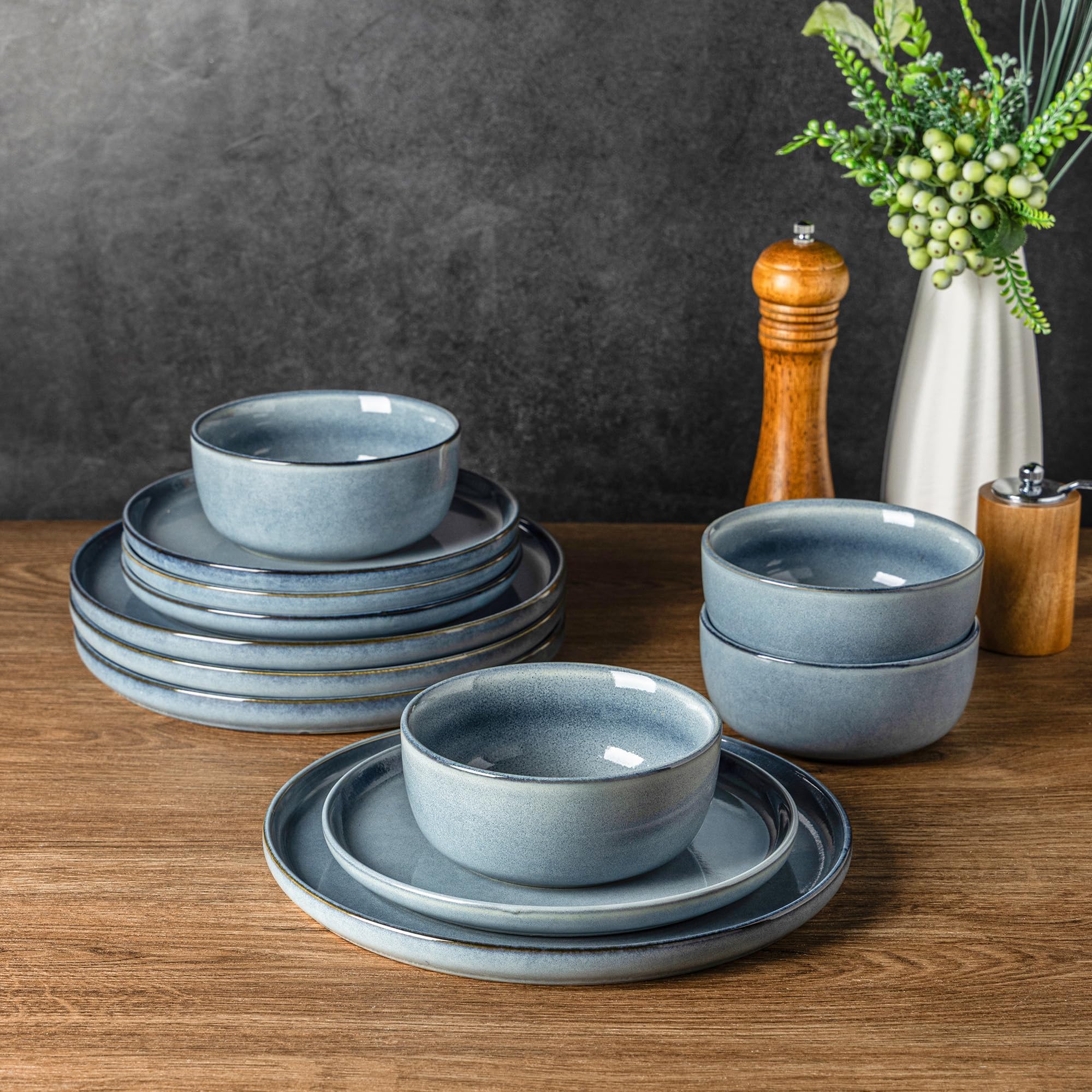 AmorArc Stoneware Dinnerware Sets for 4,Round Reactive Glaze Ceramic Plates and Bowls Set,Highly Chip and Crack Resistant | Dishwasher & Microwave Safe Dishes Set,Service for 4 (12pc)