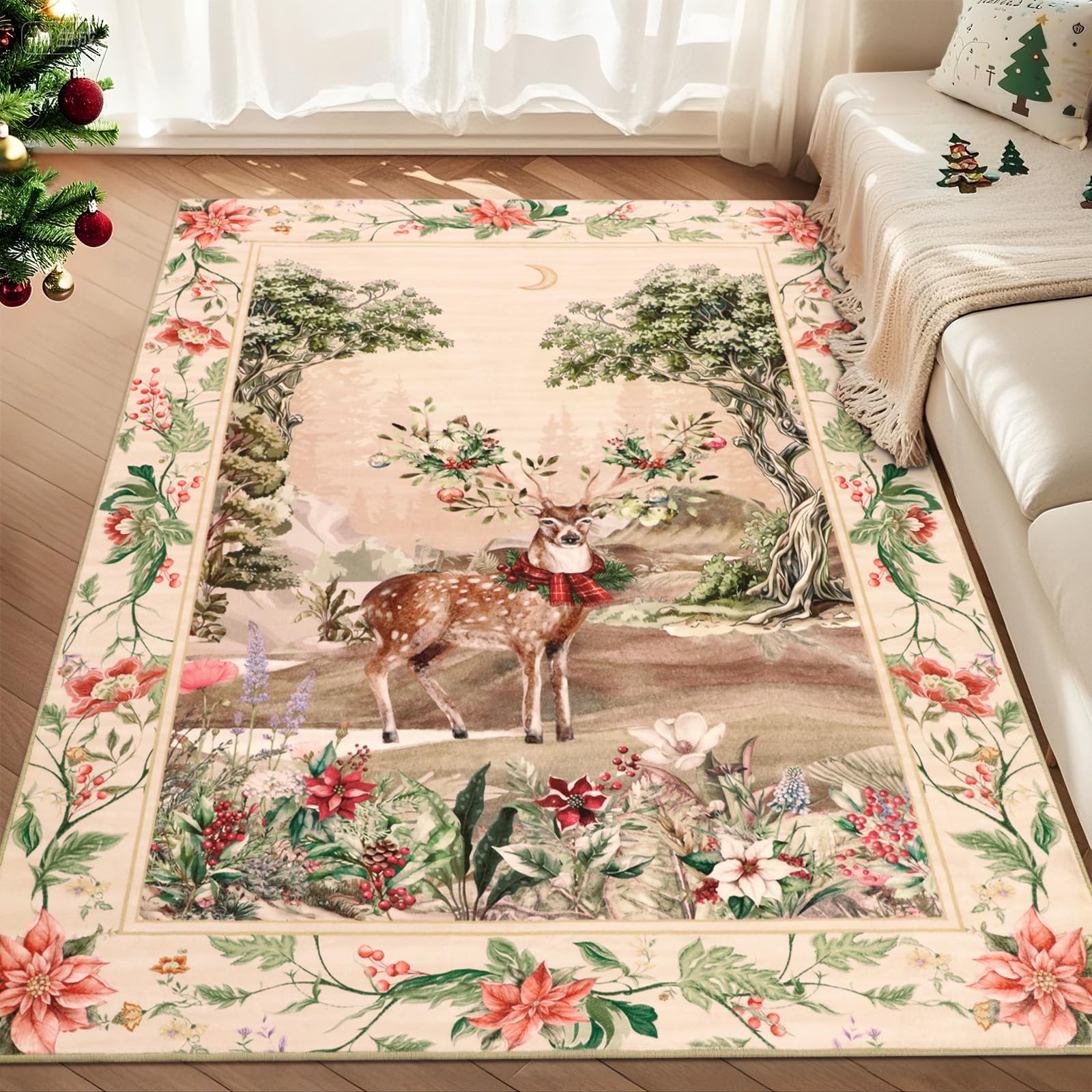 Geanup Christmas Rugs Living Room 120x180cm Washable, Beige Xmas Reindeer Area Rug for Bedroom with Non Slip Rubber Backing, Soft Low Pile Floor Carpets for Dining Room Kitchen Nursery Kids Playroom