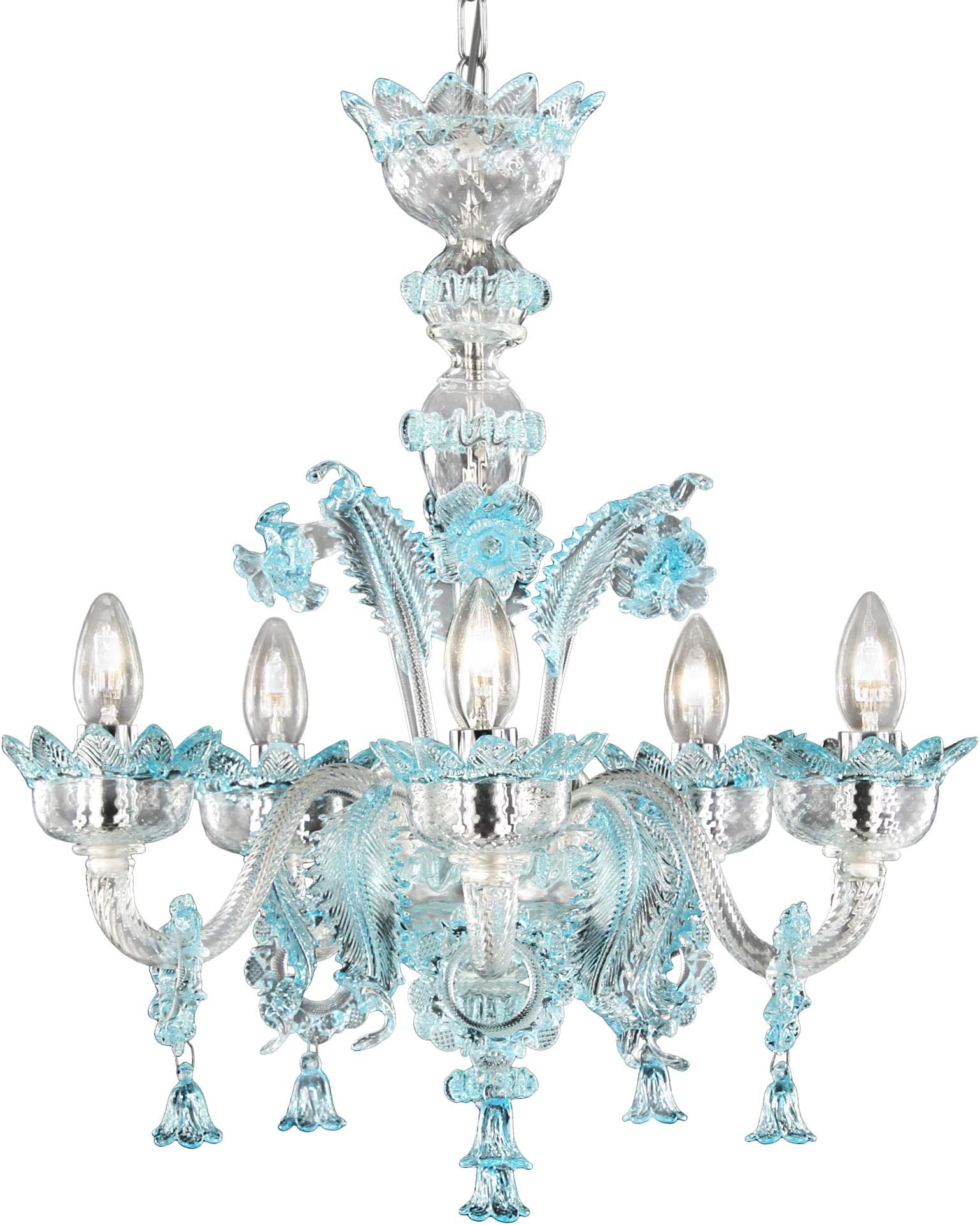 Chandelier glass murano clear and blue 5 lights 55 x 60 cm silver frame