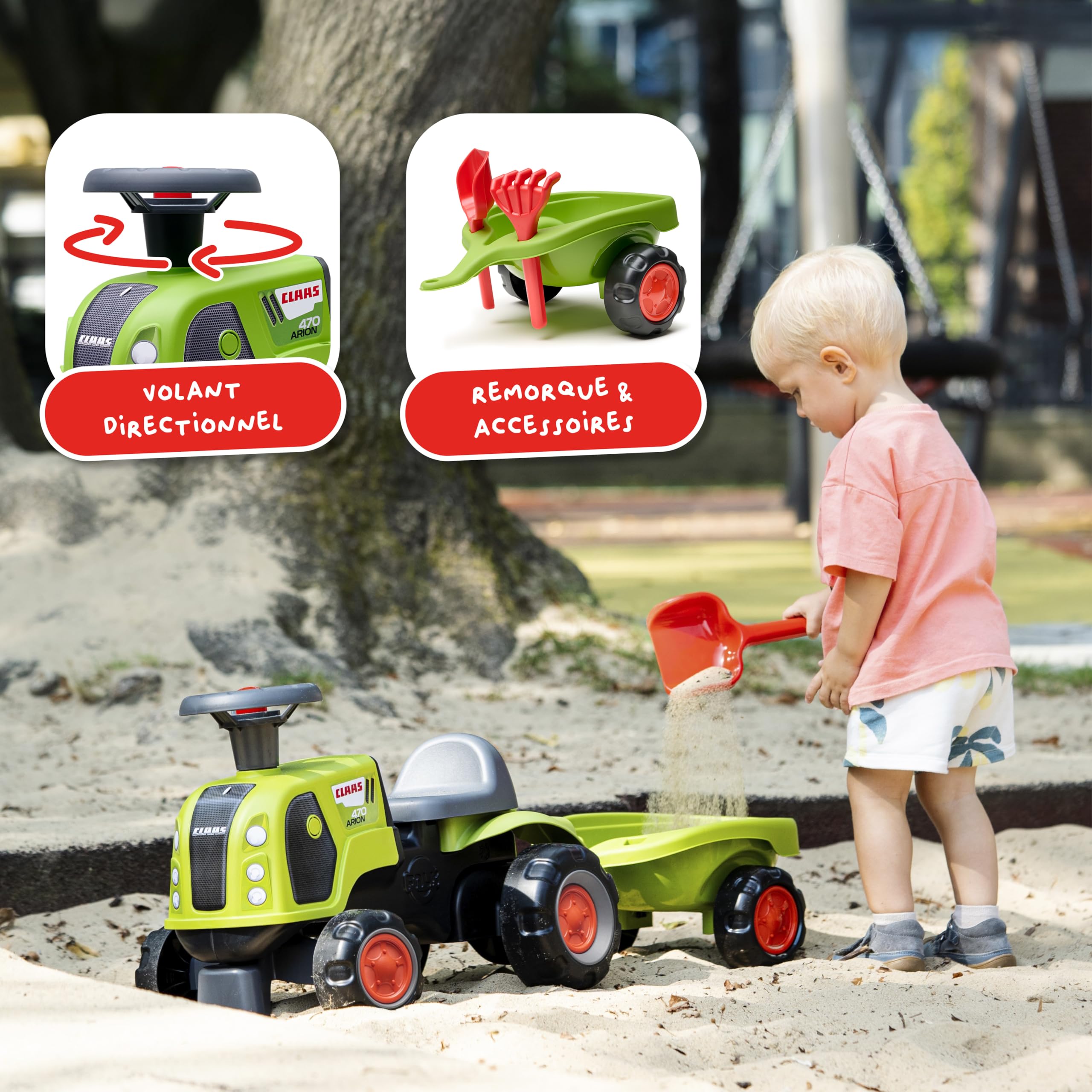 FALK Traktor Claas – Grün – leise Räder – Lenkrad mit Hupe – Anhänger mit Zubehör – 90% recycelter Kunststoff – 100 ab 12 Monaten – 312CS