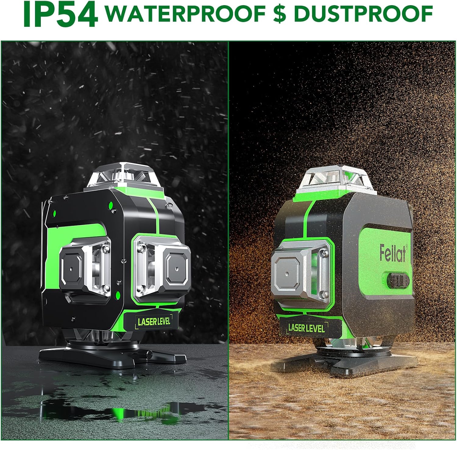 FELLAT laser level demonstrating IP54 waterproof and dustproof capabilities with water splashes and dust particles