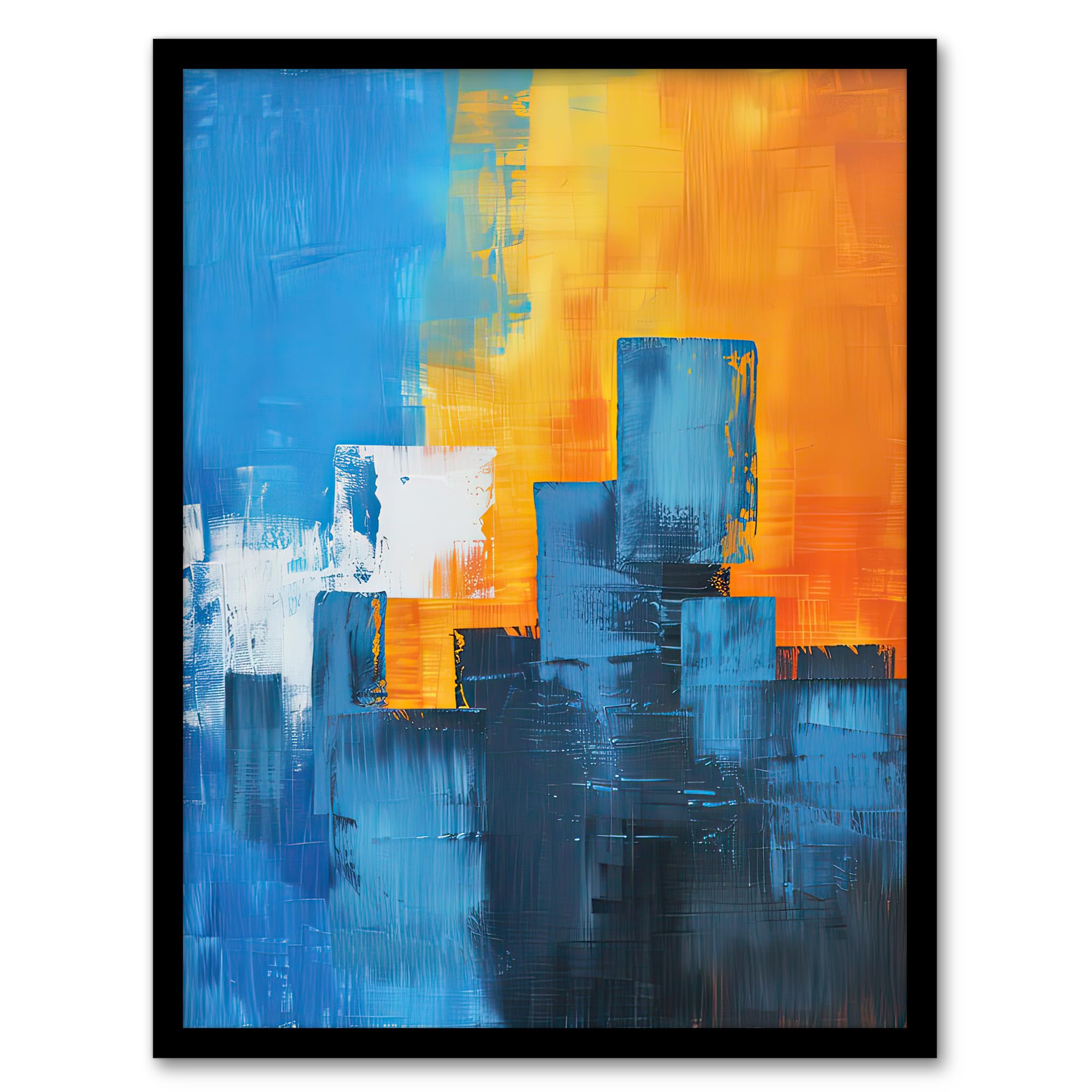 Artery8 Blue Orange Squares Abstract Cityscape Sunrise Living Room Artwork Framed Wall Art Print A4