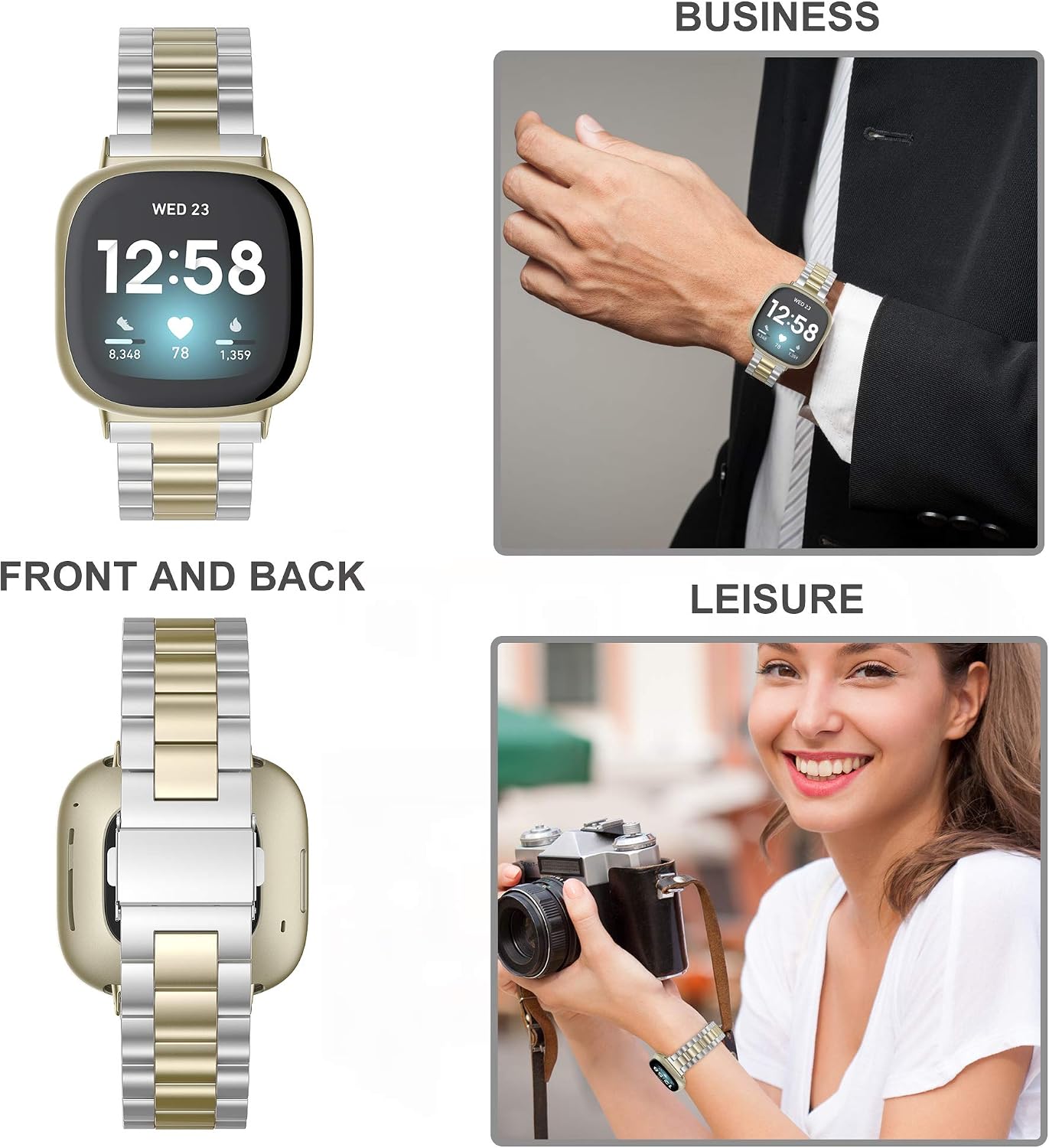 Wearlizer Compatible with Fitbit Versa 4/3 Bands/Fitbit Sense Bands for Women Men, Stainless Steel Ultra-Thin Lightweight Metal Replacement Strap for Versa 4/Sense (Soft Gold+Silver) image 3