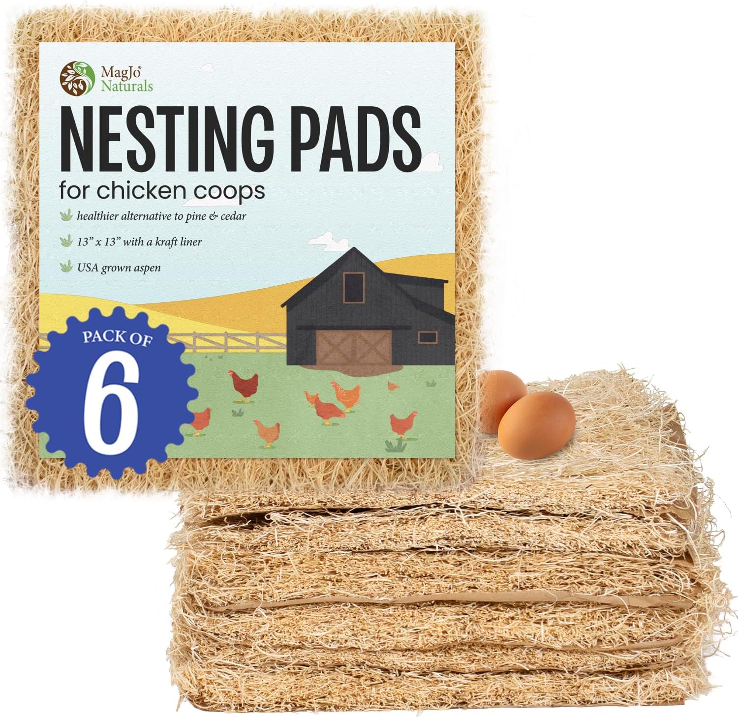 MagJo Aspen Nesting Pads for Chicken Coops - USA Grown Aspen Excelsior Nest Box Liners 13x13-6 Pack