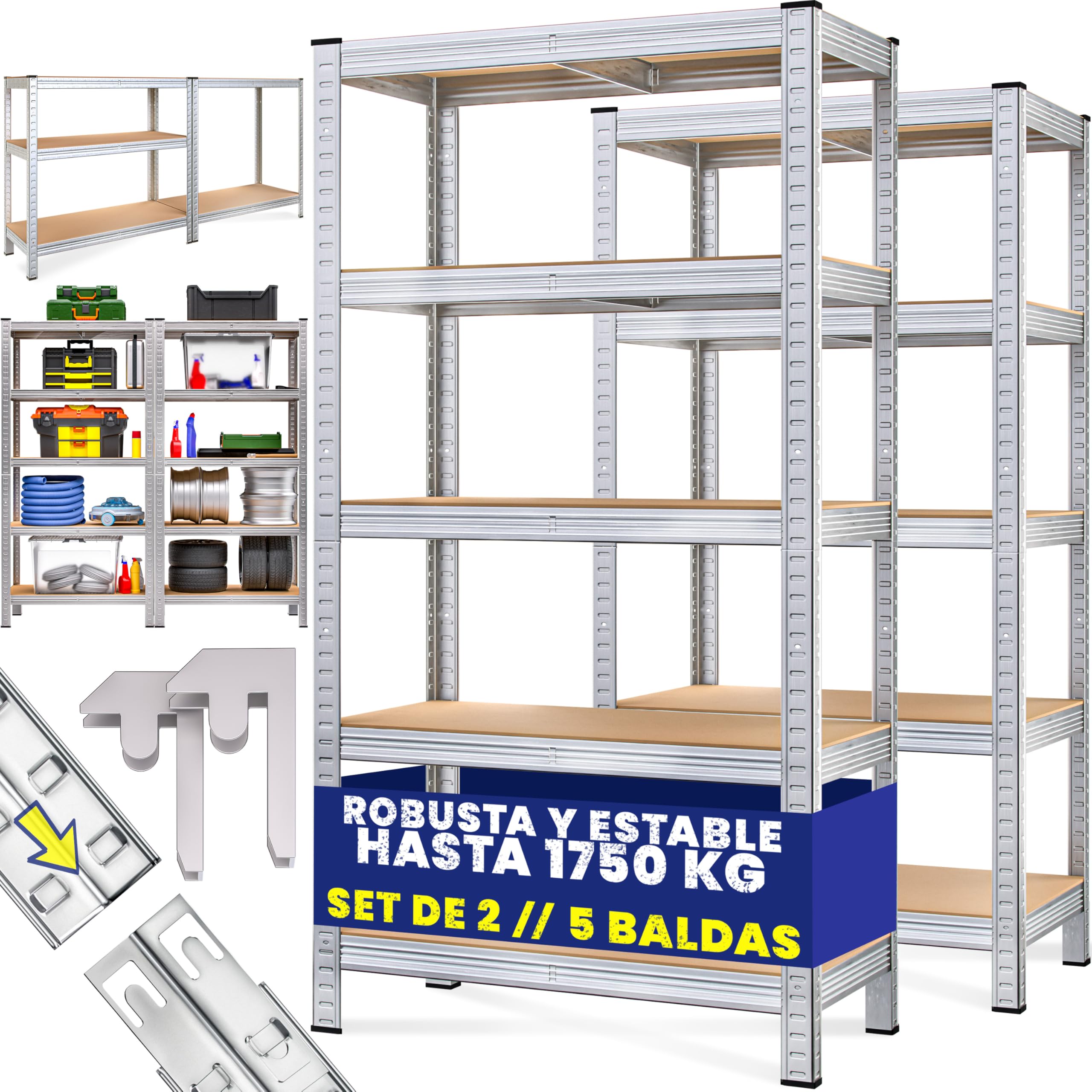 Monzana 2X Estanterías Almacenaje Metálicas Galvanizadas 180x90x40Cm Plata | 1750 kg, Modular, Trastero, Cocina, Despensa, 5 Estantes Baldas Ajustables, Carga Pesadas, Metálicas, Garaje,Almacenamiento