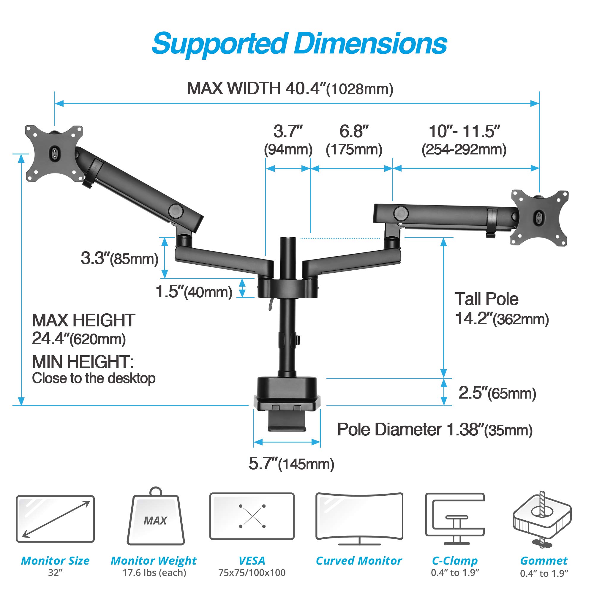 AVLT Dual 13"32" Monitor Arm Desk Mount fits Two Flat/Curved Monitor