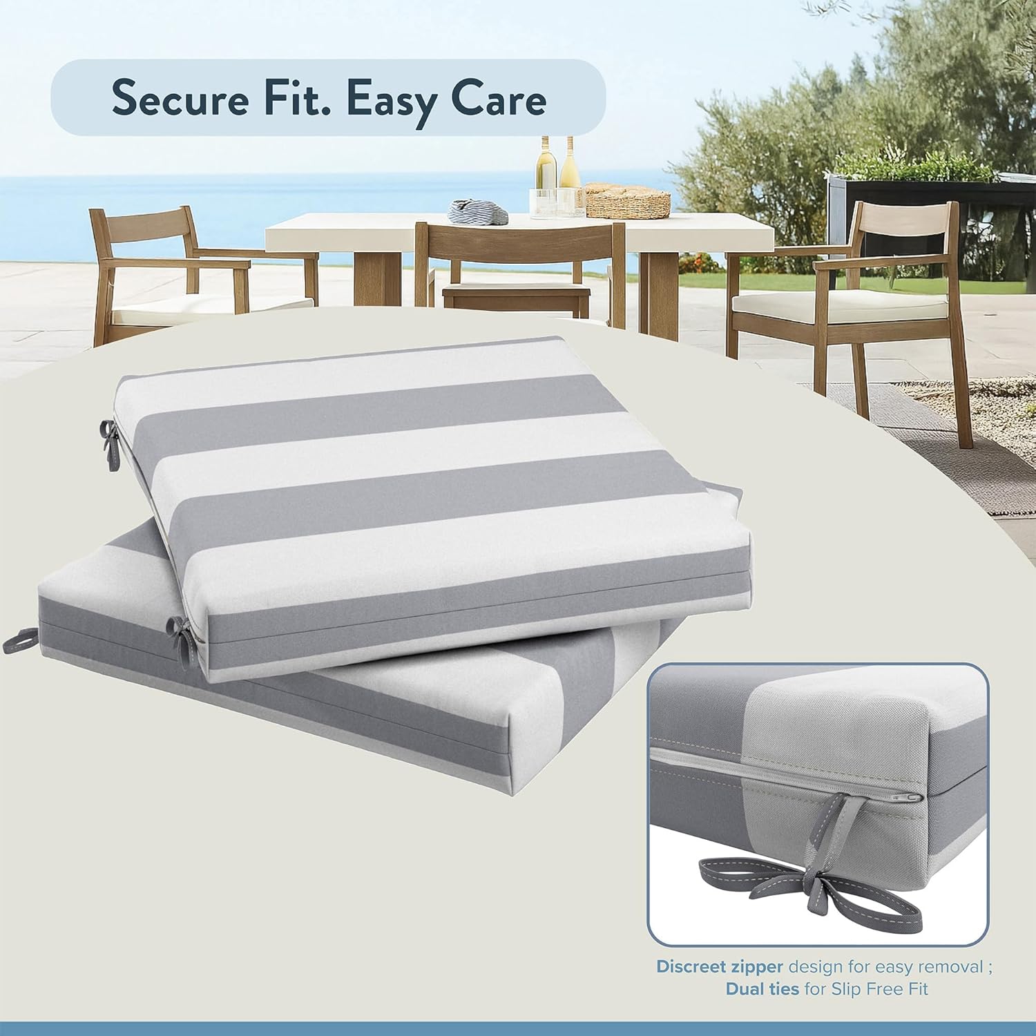 California Umbrella Outdoor Replacement Patio Chair Pad Set of 2, 18 x 18 Inch, Premium Outdoor Memory Foam, Fade Resistant Solstice Olefin Fabric, Fabric Ties, Grey-White
