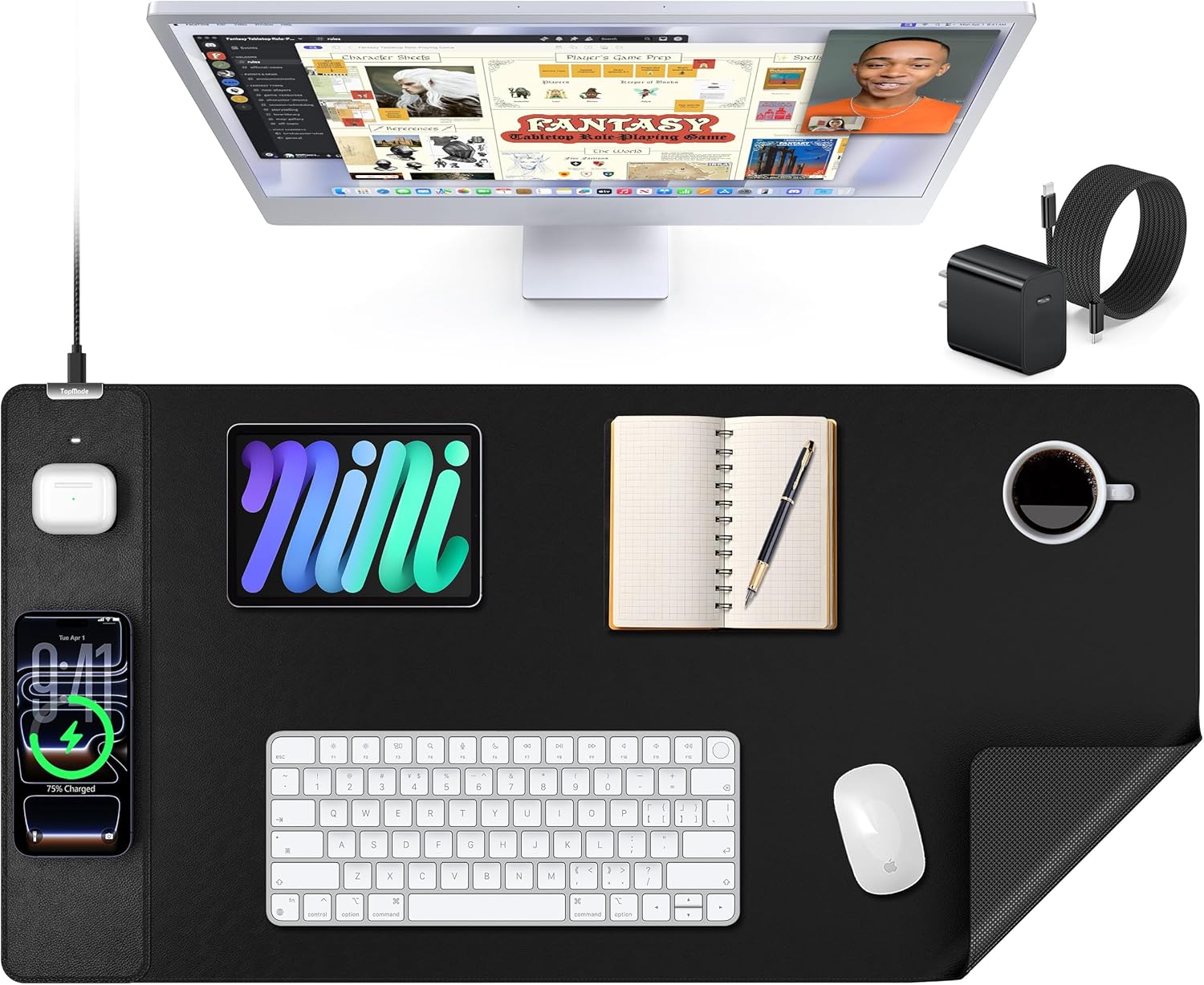 TopMade Mouse Pad with 15W Wireless Charging, XXL Large Leather Desk Mat, Waterproof Gaming Mousepad Home Office Desk Pad Protector, Black (Includes 20W PD Power Adapter & 6.56ft Woven Cable)