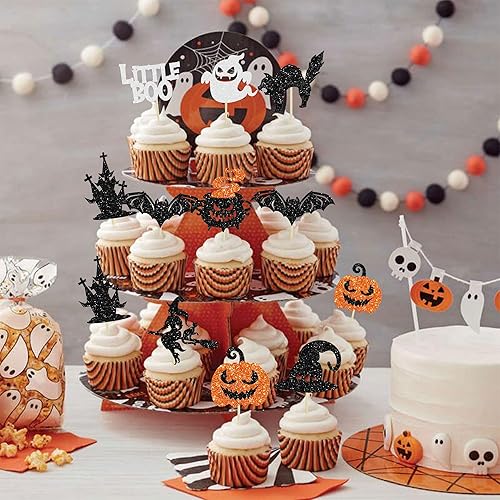 Miniatura 7 de Gyufise 24 adornos para cupcakes de Halloween con calabaza, fantasma, purpurina negra, decoraciones para cupcakes para niños, decoración de fiesta