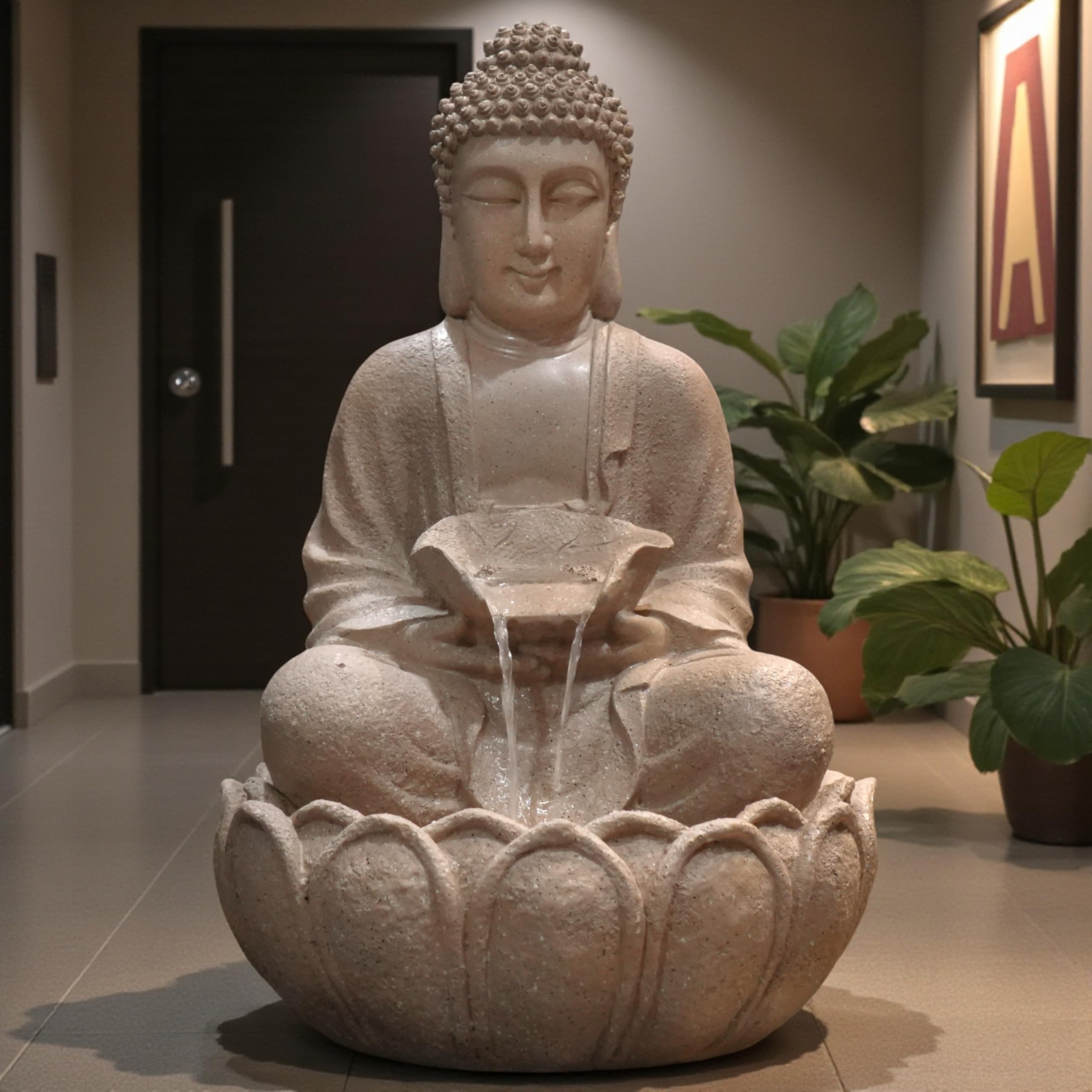 Kamal Buda Fuente de agua para el hogar y el jardín - Fuente de Buda de fibra con luz LED - Fuente de interior y exterior para vastu y positividad (beige, fuente