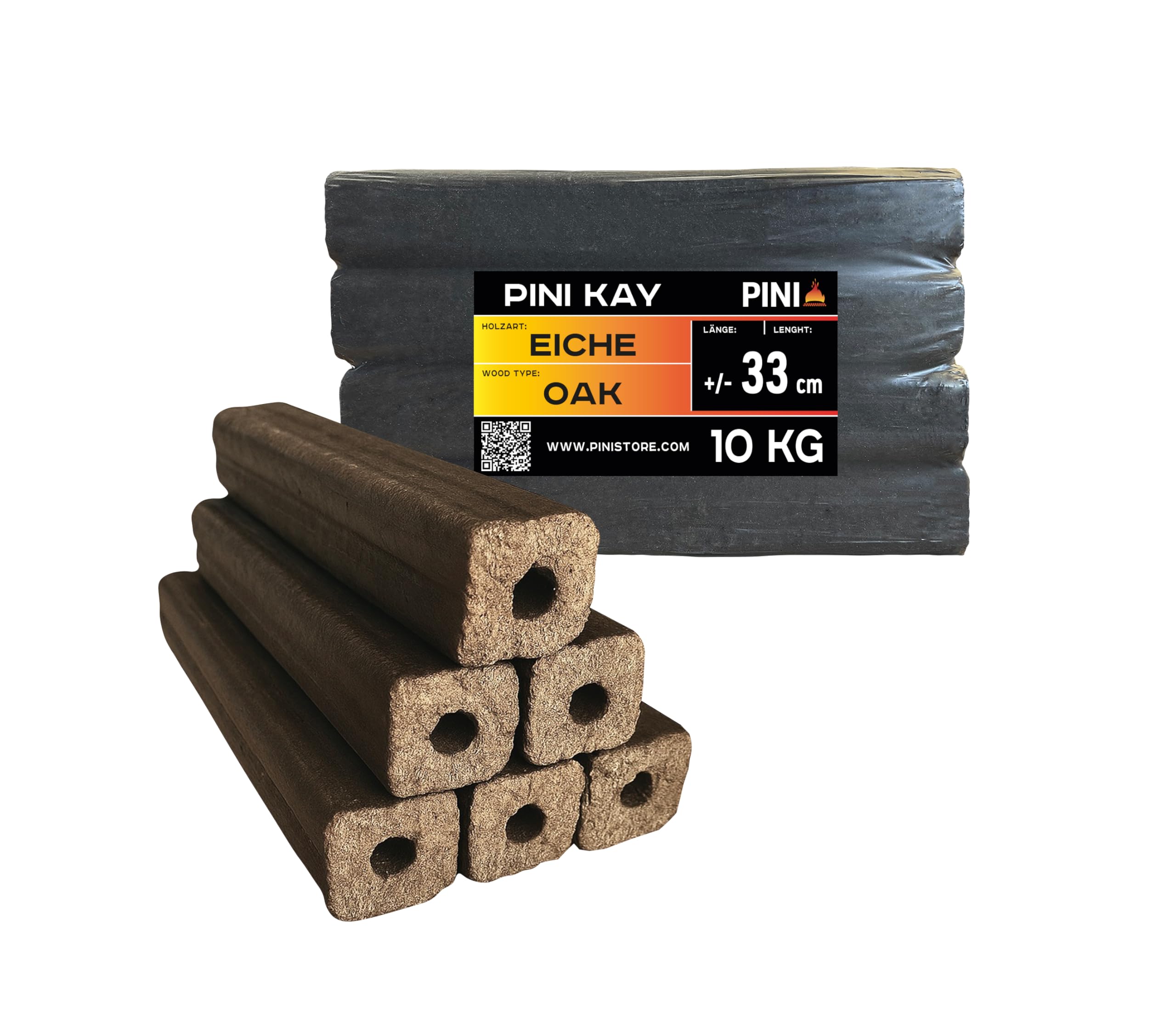 Bricchette Legno Quercia PINI Kay - 10 Kg, Forma Quadrata Con Foro, Alto Potere Calorifico, Per Camini E Stufe