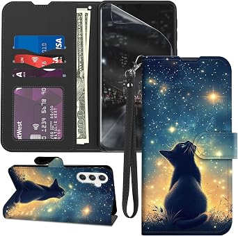 for Samsung Galaxy A15 5G Case Wallet with Screen Protector, Stand PU Leather Flip Folio Cover with Card Holder, Full-Body Protection Phone Case for Galaxy A15, Black Cat