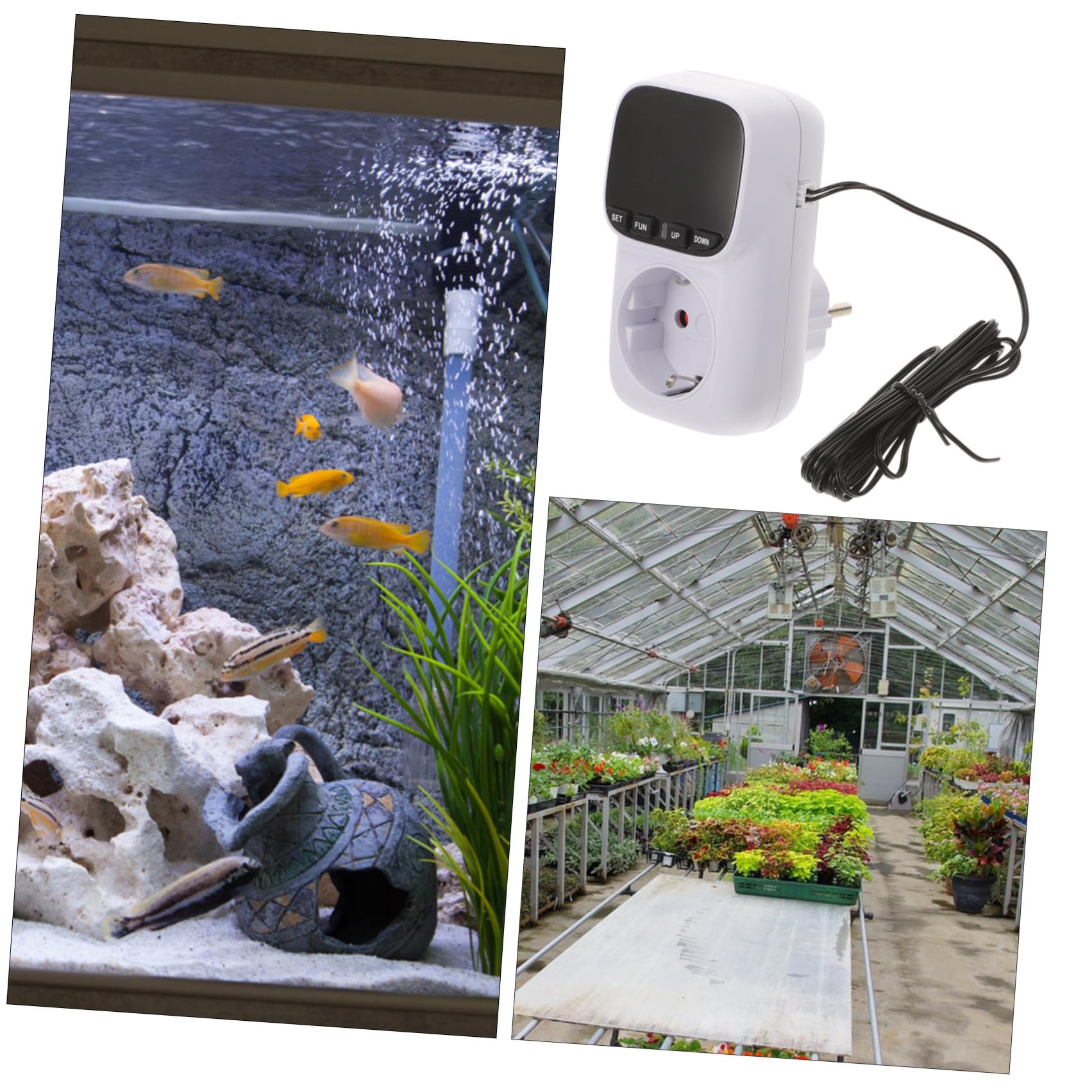 LABRIMP Enchufe Termostato Plástico con Control Inteligente de Temperatura Temporizador Protección contra Sobrecarga para Acuarios y Invernaderos Voltaje
