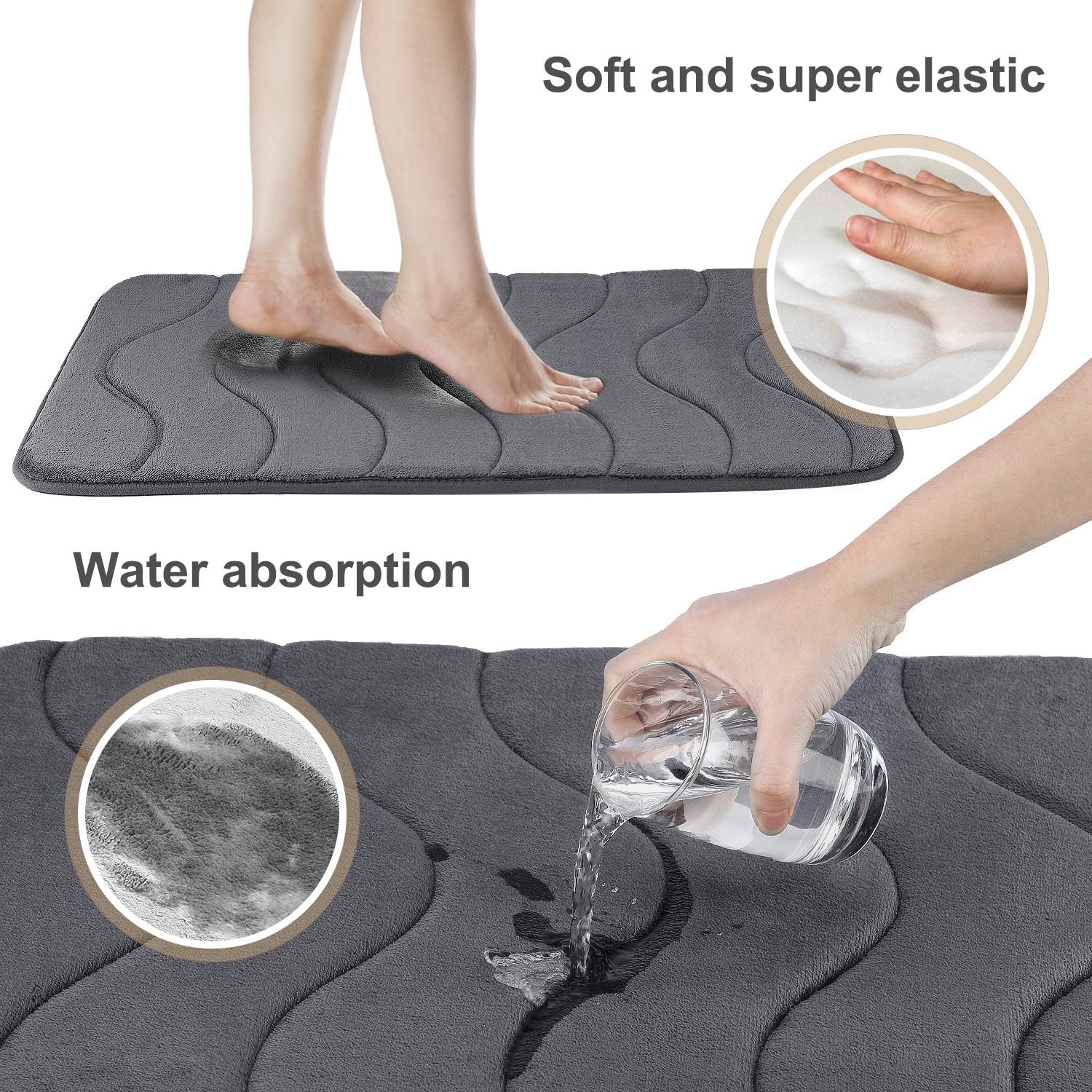Pretigo Memory Foam Bath Mat Rug,20 X 30 inch Non Slip Absorbent Machine Washable Bathroom Rugs Soft Coral Velvet Bathroom Carpet Dary Grey