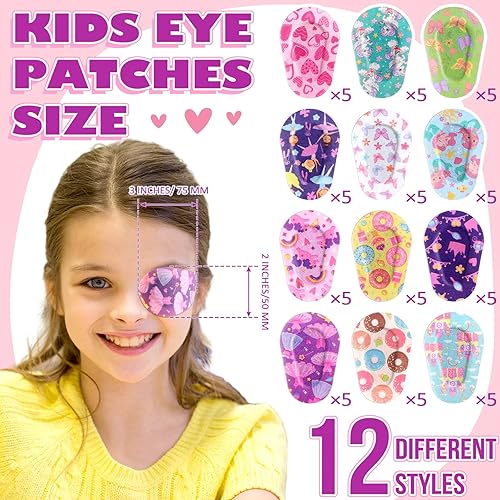 Miniatura 2 de Panelee 60 parches adhesivos para ojos para niños y niñas, material transpirable a granel, algodón que bloquea la luz, diseños coloridos y