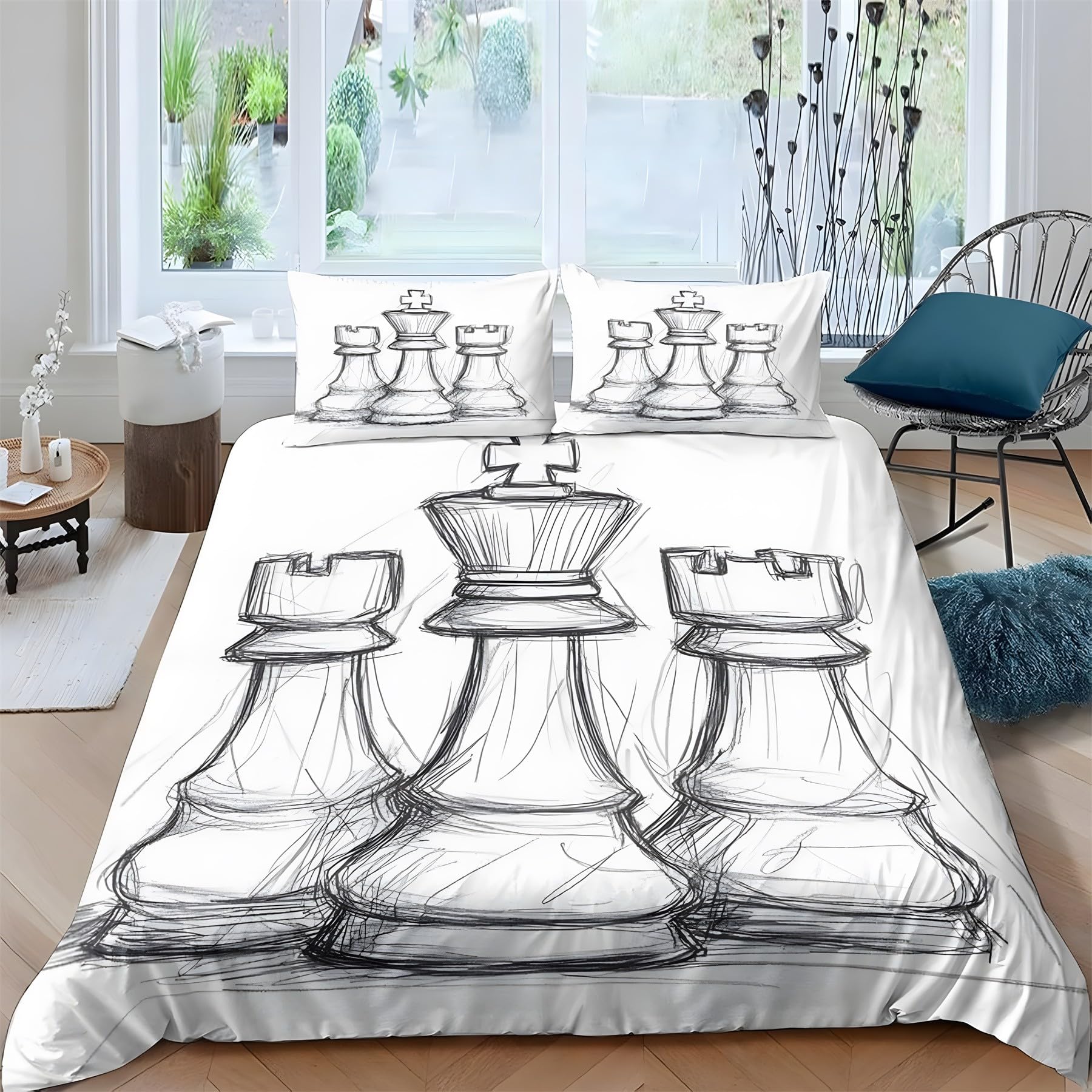 Housse de Couette 220x240 Échecs en microfibre douce avec 2 taies d'oreillers 65x65