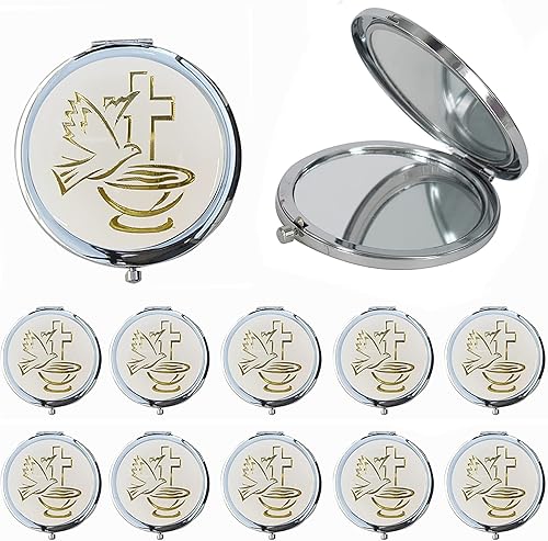 WE 12 piezas de recuerdos de fiesta de bautismo para niño y niña, recuerdos de bautizo/bautizo con bolsas de organza, espejos compactos de