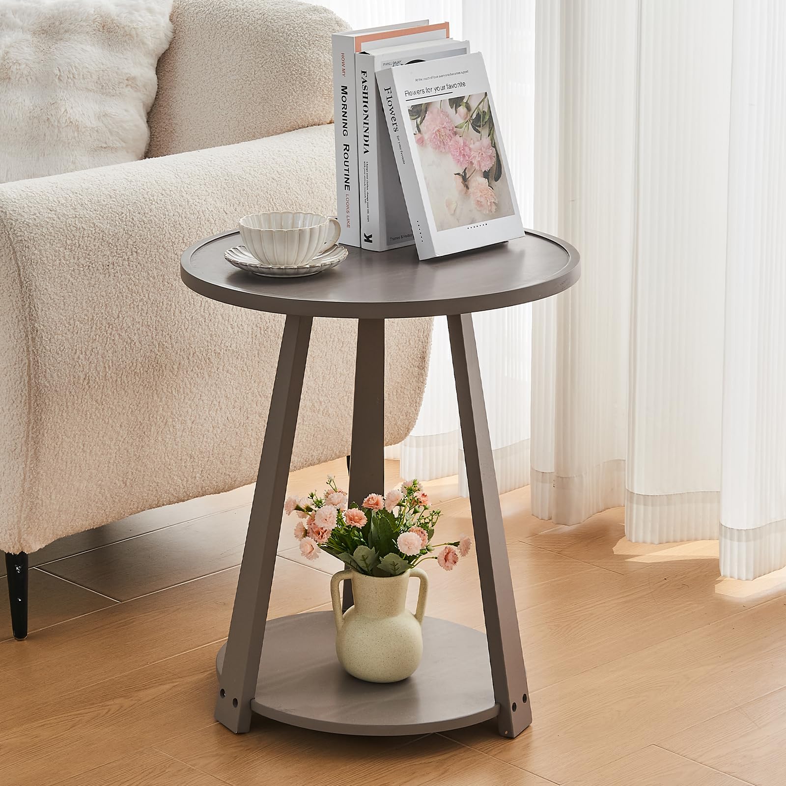 Uniclinens Wood Round End Table - Small Round Side Table with Lower Shelf for Living Room Sofa Couch, Bedroom Wooden Nightstand, Gray