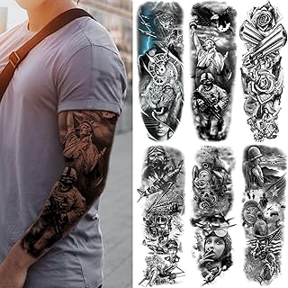 Military Temporary Tattoo Sleeves, Full Arm Large War Soldier Fake Tattoos Sleeve For Men Women Adult, Black Long Lasting Patriotic Warrior Temp Tatoo Sticker Leg Body Art Makeup, 6-Sheet