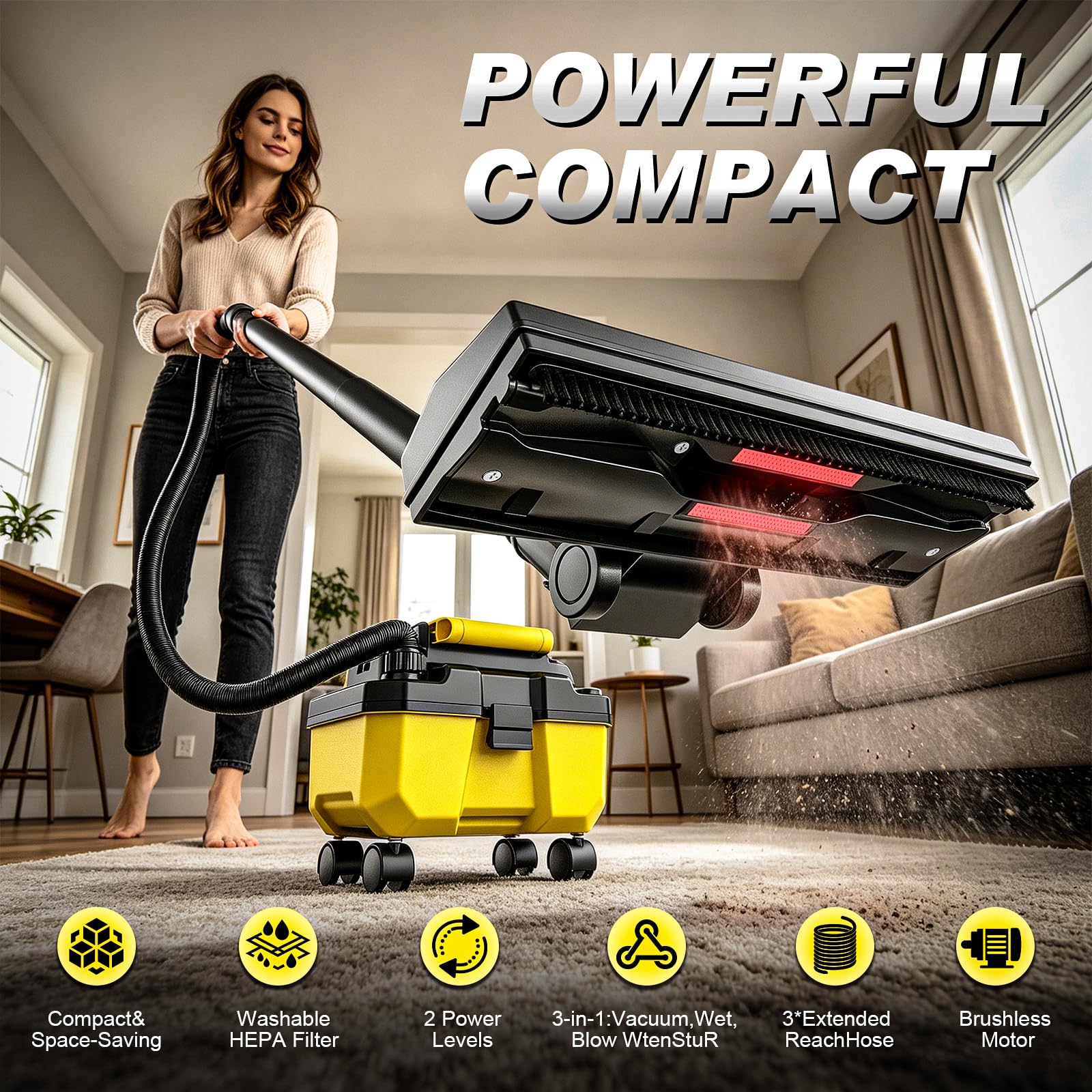 Aspiradora InaláMbrica Para SóLidos Y LíQuidos, Motor Sin Escobillas De 3000 W, 2 BateríAs De 4,0 Ah, Aspiradora De Taller 3 En 1 Con Filtro Hepa, Bandolera, 4 Ruedas Y Portacomplementos, PortáTil Par