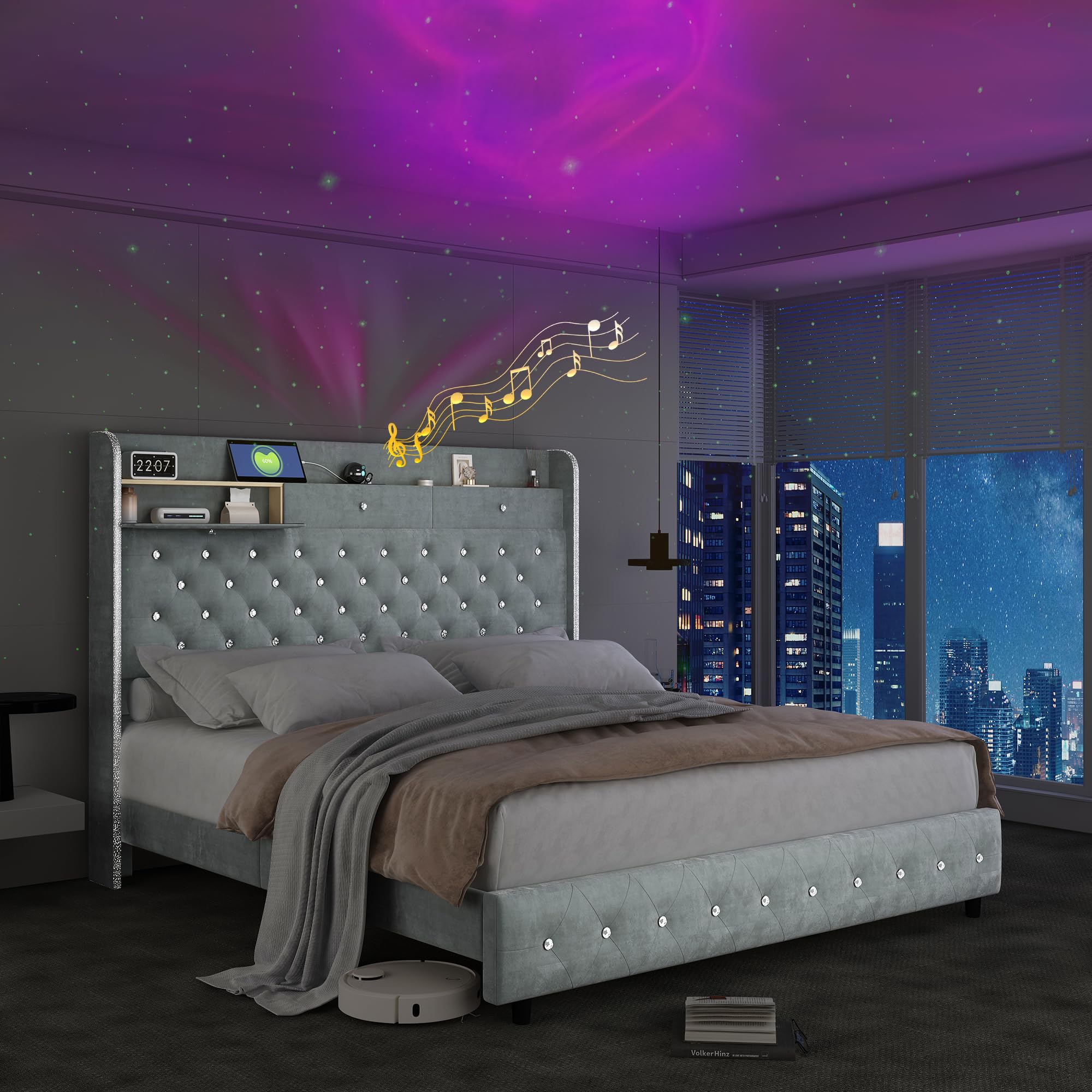 Full Led Bed Frame with Galaxy Aurora Star Projector, Full Platform Bed with Charging Station, 52" Upholstered Hidden Storage Headboard with Wingback,