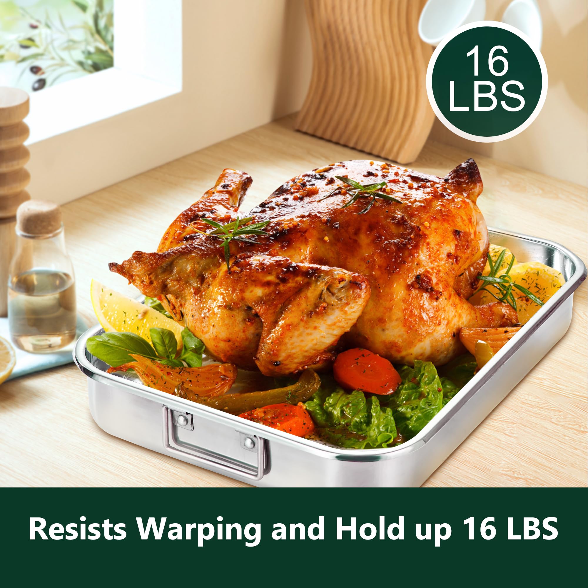 Stainless Steel Roaster with Flat Rack & Parchment Paper, 16.2 x 12.2 x 3 inches - Ideal Roasting Pan for Whole Turkey, Roasts, or Multiple Sides - Image 5