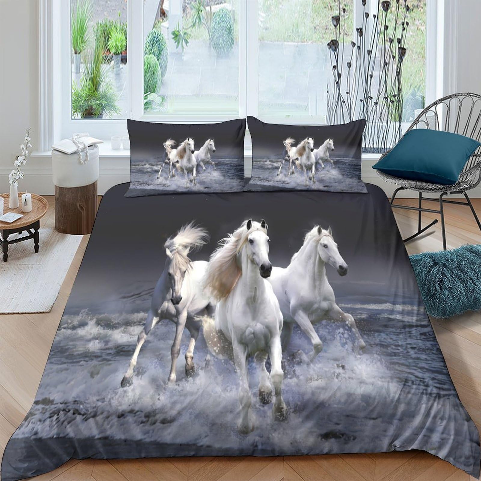 Ctjqhvkz Style-9 3D Printed White Horse Fitted Sheet Microfiber Soft Grey Running Horses Bed Sheet For Bedroom Guest Room Decor Mattress Cover Single（135X200cm）