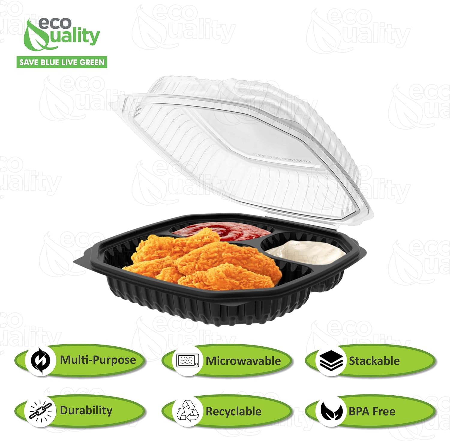 EcoQuality 9x9x3 Inch 3 Compartment Black Hinged Takeout Containers with Clear Lids Food Storage Clamshell for Meal Prep, Restaurant, Catering, and Takeout Packaging (60)