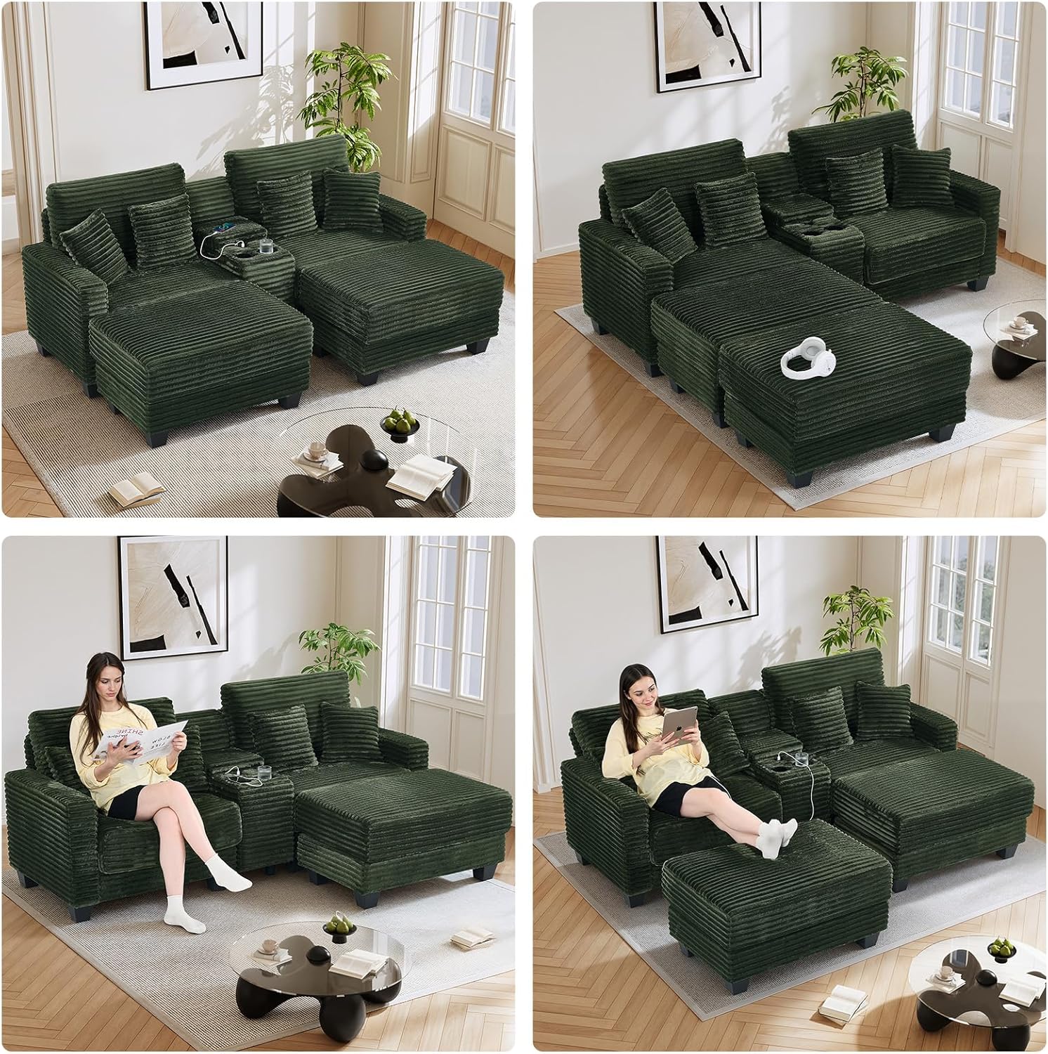 ONEMMLION 82.6" Oversized Double Chaise Lounge Indoor with Ottoman Sleeper Sofa Bed Reading Chair Comfy Corduroy Reclining Chairs for Living Room, Bedroom with Cup Holder, USB Port, Storage, Green