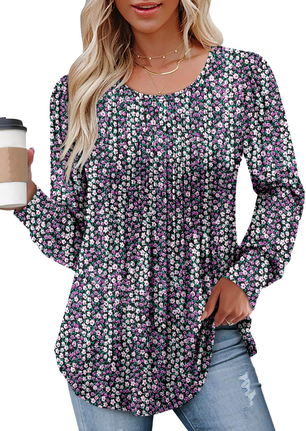 onlypuff Women's Puff Sleeve Tunic Tops Crew Neck Pleated Blouses 2025 Dressy Casual Loose T-Shirts