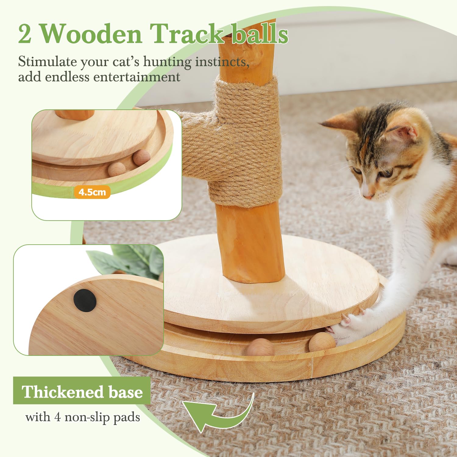 PAWZ Road Katzenkratzbaum Palme für Katzen – Kratzsäule aus Naturholz mit interaktivem Balltrack & 2 Spielbällen, Stabiler Katzenkratzstamm, Terracotta, 44 cm