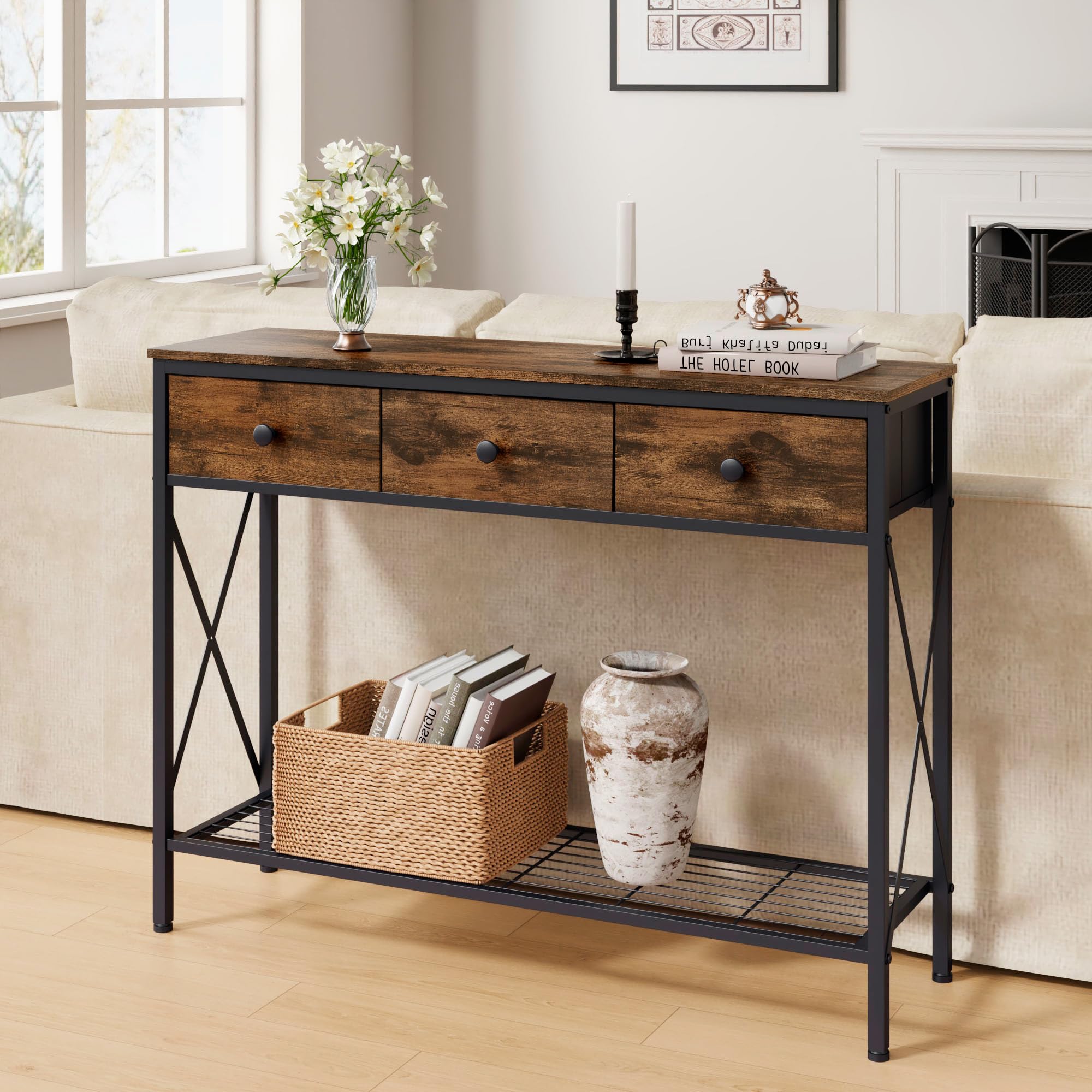 FAVOOSTY Mesas de Consola, Mesa de sofá con 2 cajones y estantes de 1 Nivel, Mesa de Pasillo de Madera, 101.00 × 29.50 × 76.50 cm para Pasillo, salón, Dormitorio