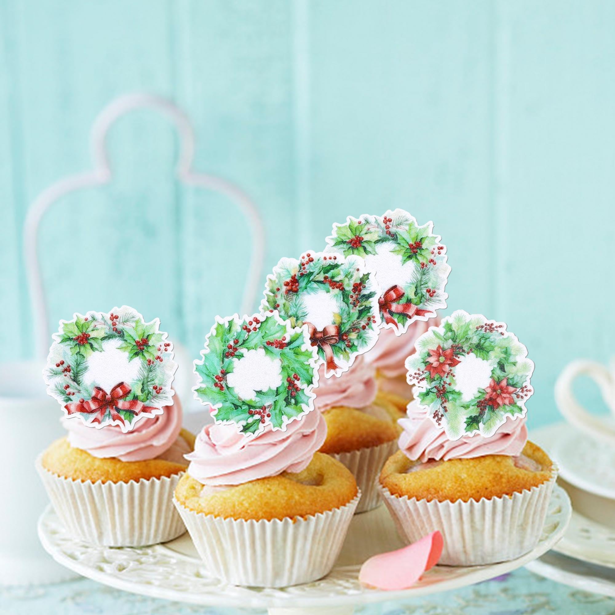 Xsstarmi 60 Pack Merry Christmas Edible Cupcake Toppers Rice Paper Xmas Wreath with Berries Bownot Cupcake Picks for New Year Christmas Celebration Party Cake Decorations Supplies - Image 3