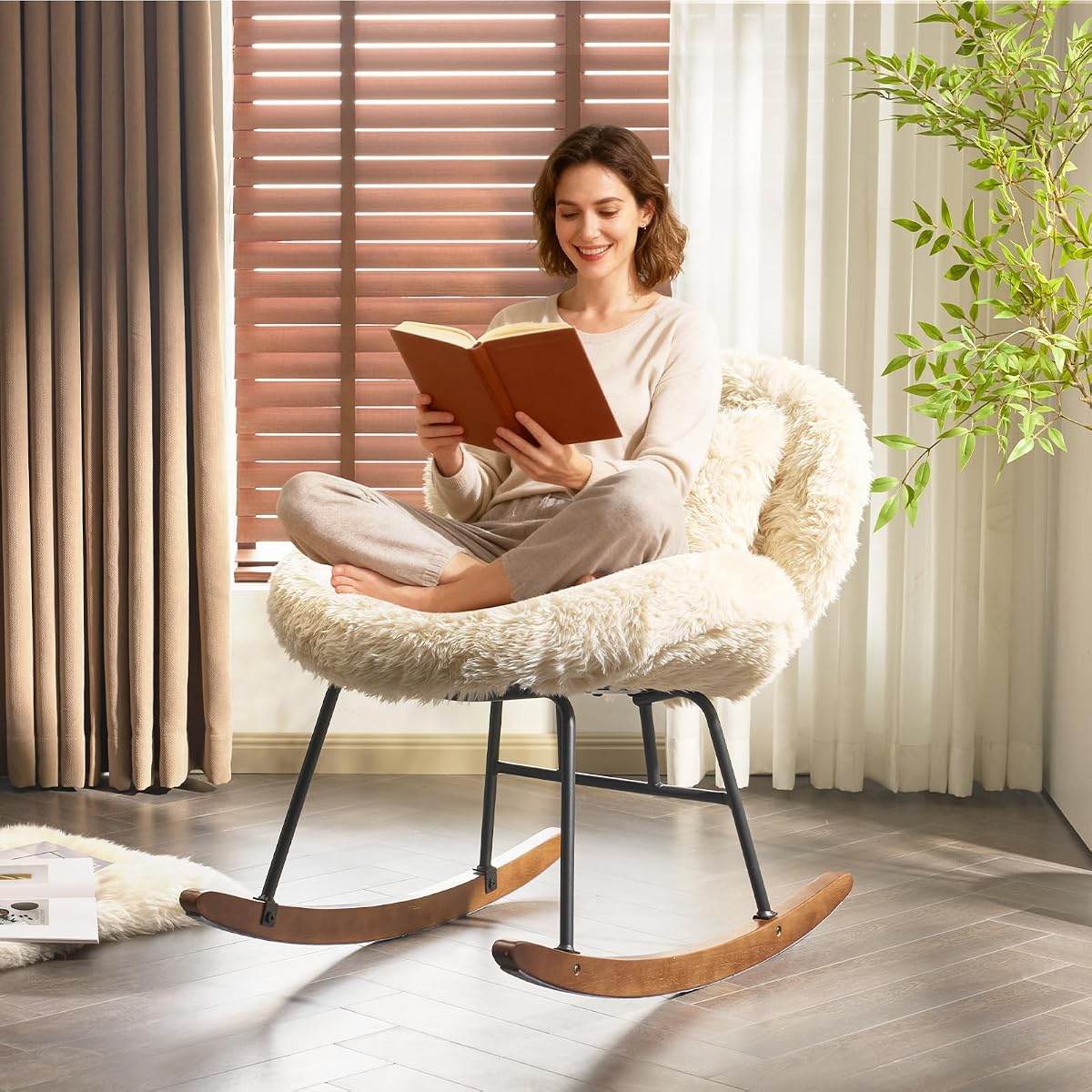 VINGLI Mecedora extra ancha de 25,6 pulgadas, sin brazos, 115°, linda silla deslizadora curvada con patas cruzadas con almohada y madera maciza, silla de lactancia para dormitorio, sala de estar, forro polar esponjoso, color caqui