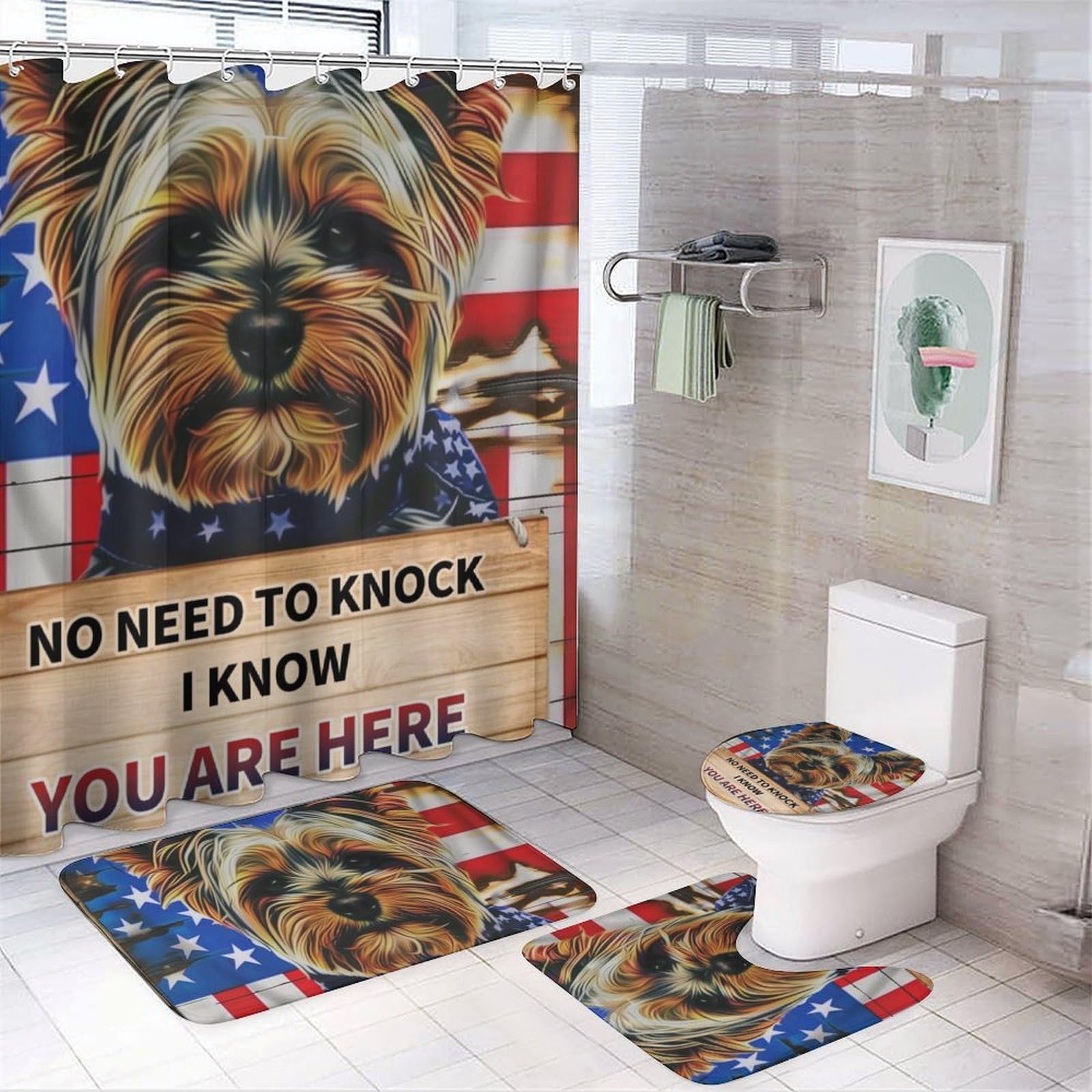 XJUJKCTA Yorkie Dog American Flag 4Pcs Bathroom Shower Curtain Set,Bathroom Sets with Rugs (Bath Mat,U Shape and Toilet Lid Cover Mat), Bathroom Decor
