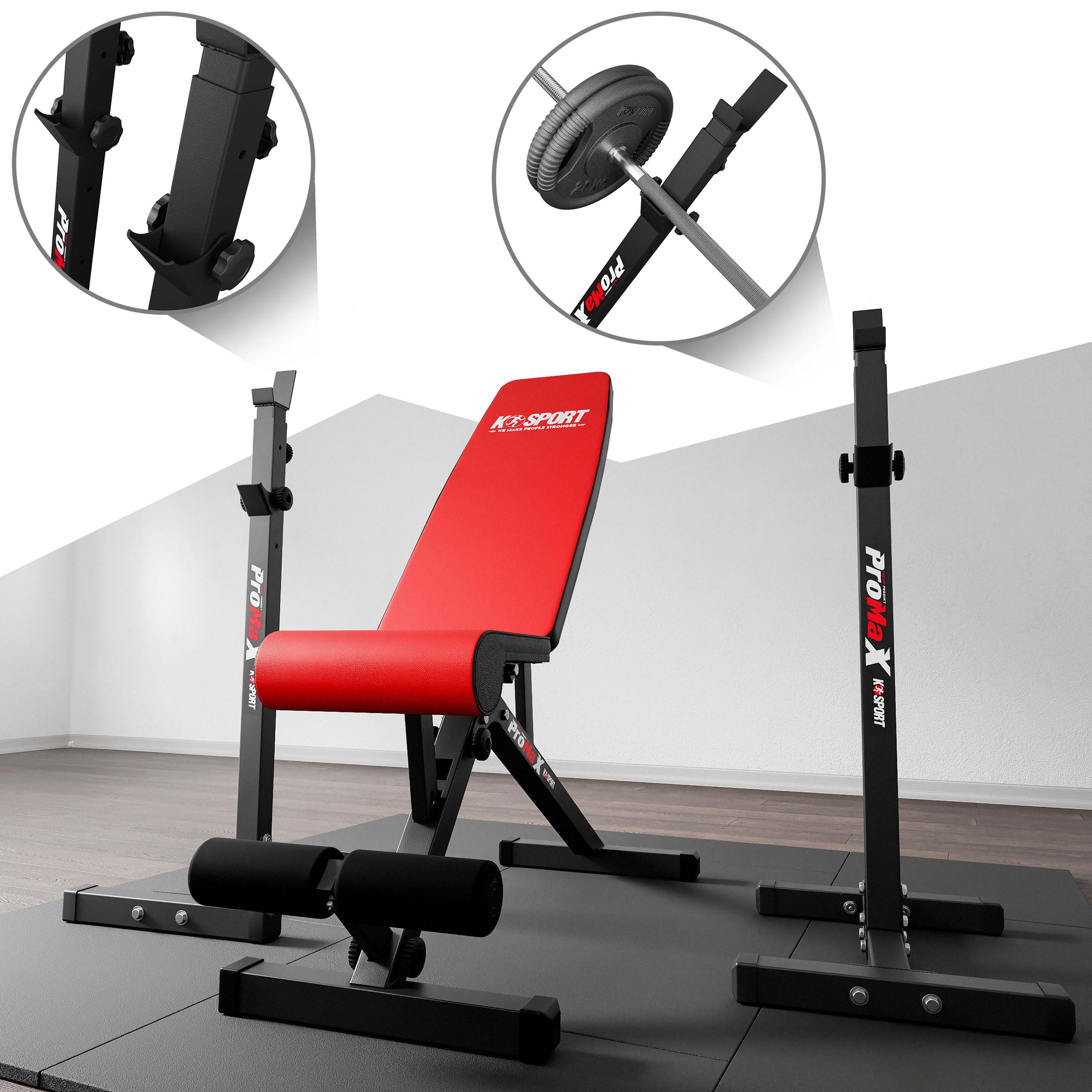 K-Sport Trainingsset: Langhantelablage bis 180kg mit verstellbarer Hantelbank I Squat-Rack für Langhanteltraining I Flachbank mit Beincurler, inkl. E-Book