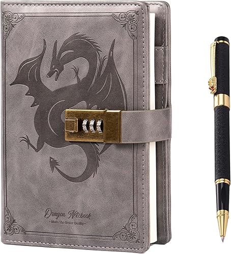 Vista 33 de Dragon - Diario de cuero, cuaderno de tapa dura, diario recargable con cerradura, diario de escritura en papel en línea/en blanco con cerradura