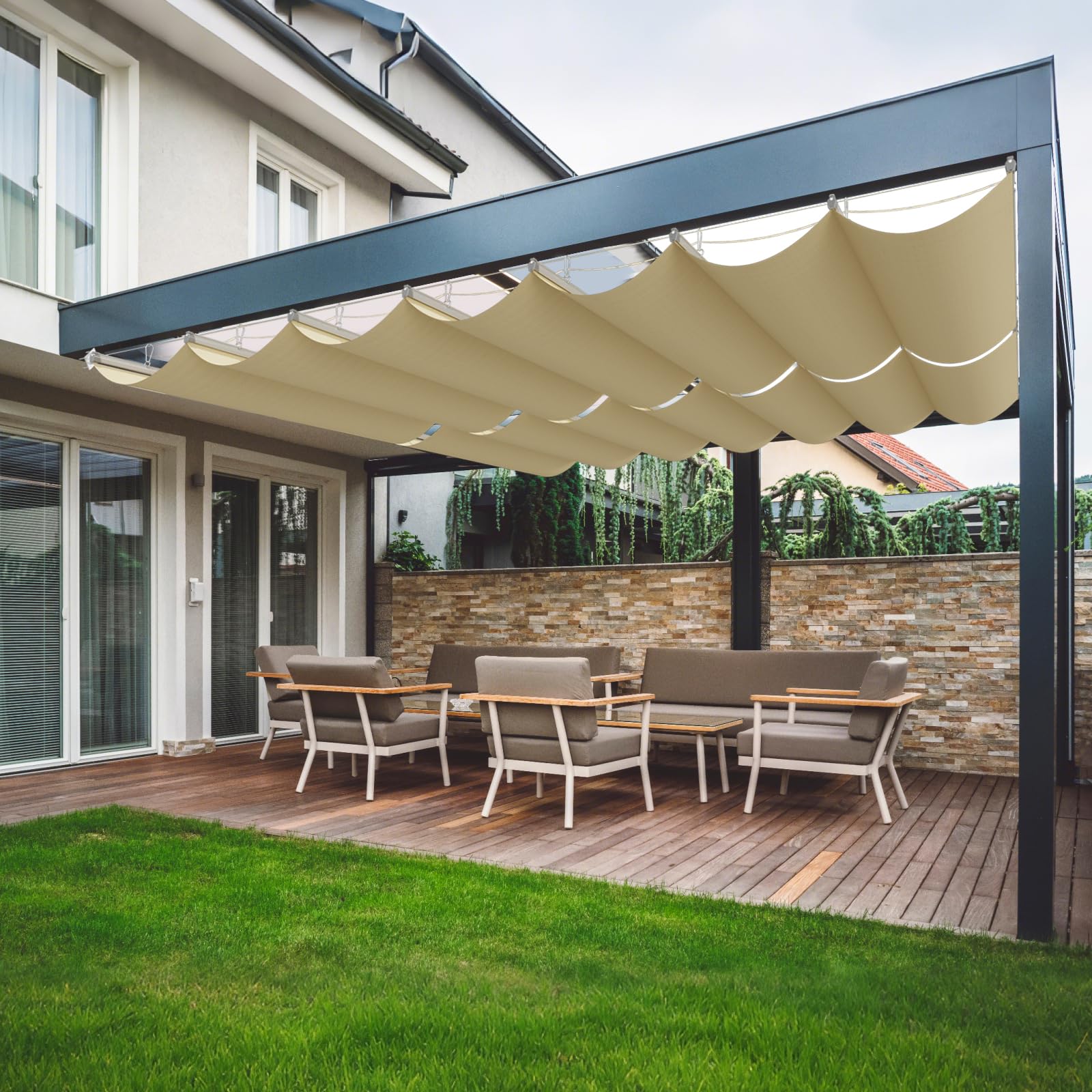 Photo 1 of ***MISSING ATTACHMENT PARTS***
OOTONAT 4.5'W X 18' Retractable Awnings for Patio, Pergola Sliding Shade Cover high-Density Polyethylene Fabric, Wave Shade sail for Deck Garden Backyard Deck Trellis, Beige