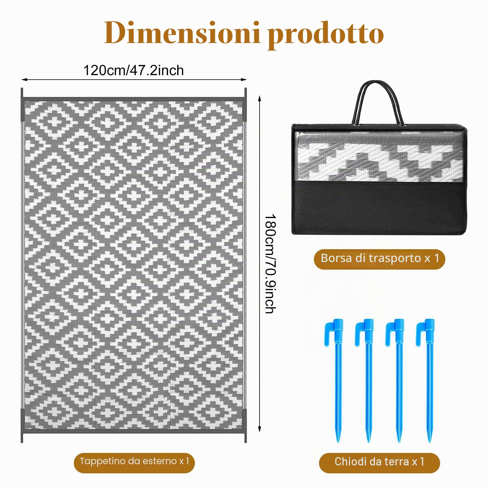 Tappeto da Esterno Impermeabile, Tappeto per Esterno 120 x 180 cm in Plastica Intrecciata, Resistente ai Raggi UV, Reversibile, Pieghevole e Lavabile per Giardino