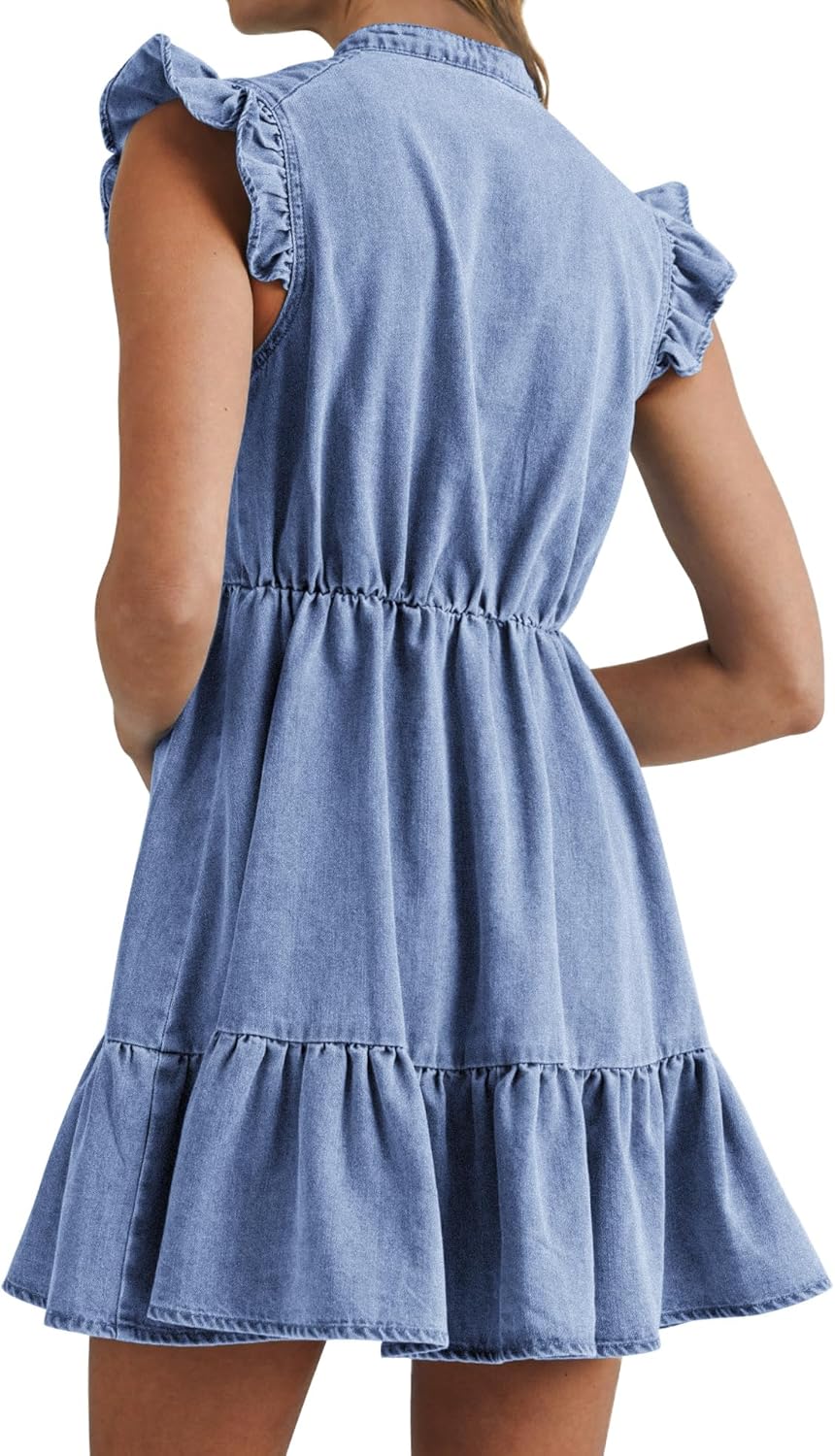 Denim Dress for Women Ruffle Short Sleeve V Neck Jean Mini Dress with Pockets - Image 2