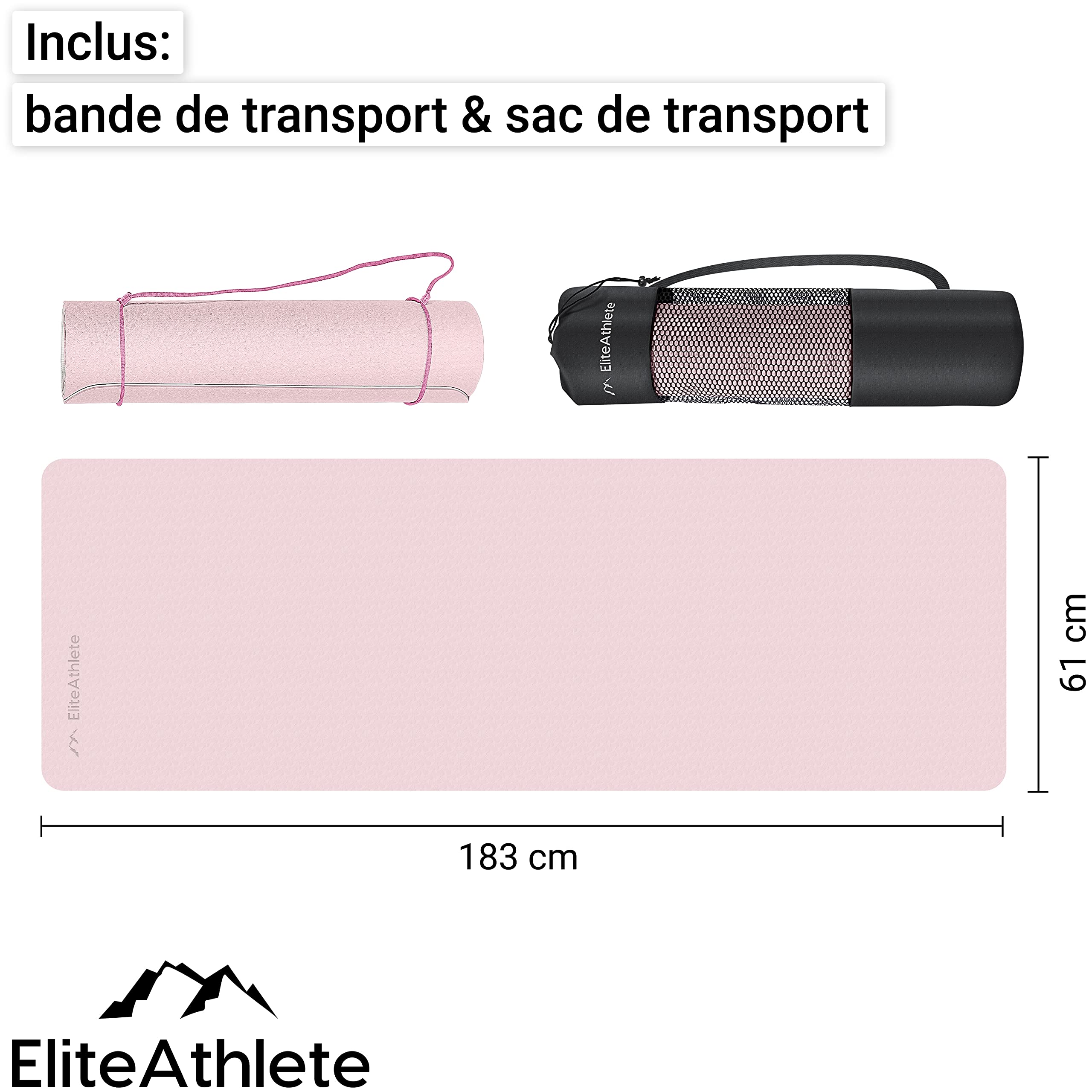 EliteAthlete Tapis yoga - Tapis de sport - Tapis fitness - Tapis de gymnastique antidérapant - Fitness Pilates - Tapis de gym - 183 x 61 x 0,6 cm - Tapis d'exercice avec sangle de transport + sac