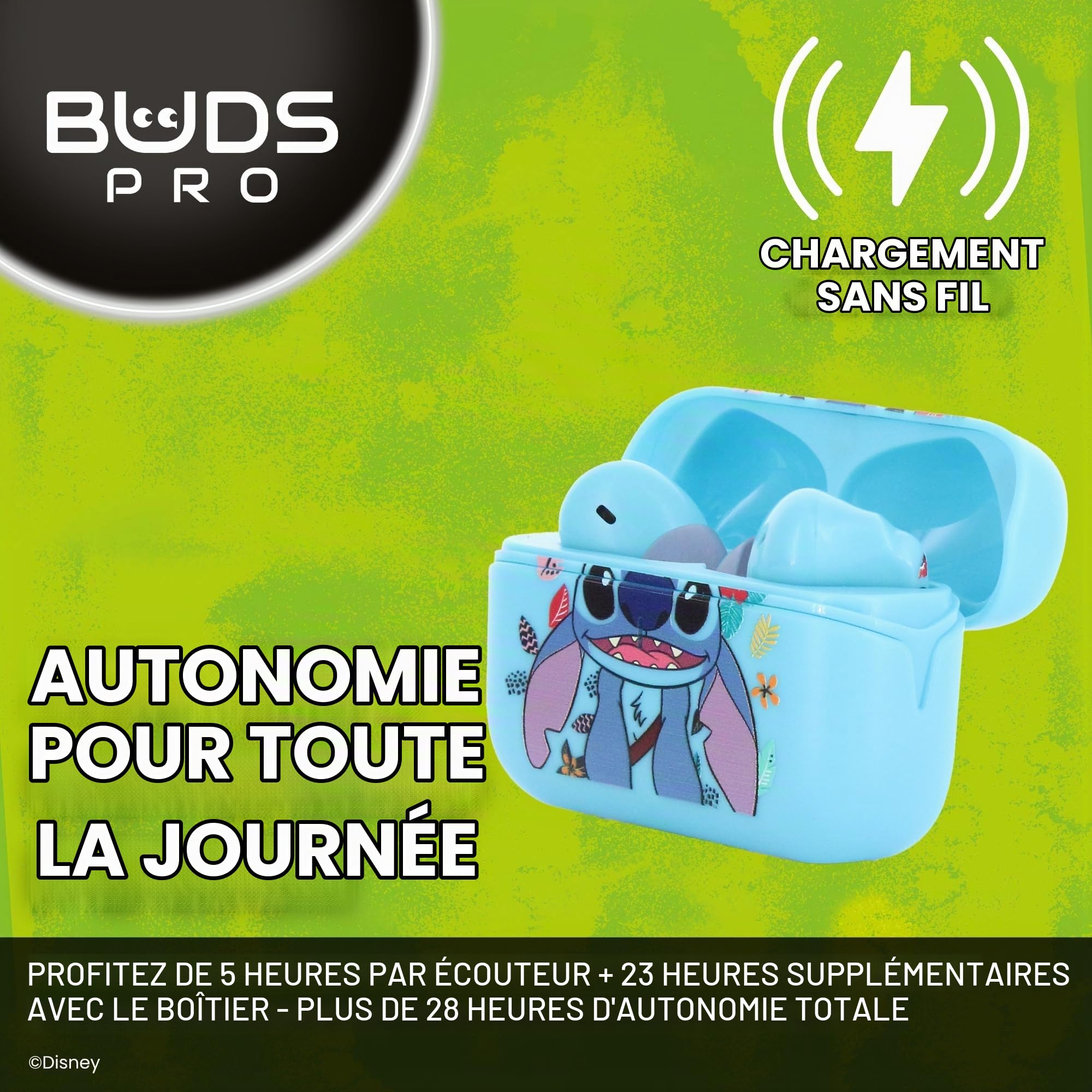 Buds Pro Stitch Écouteurs Bluetooth sans Fil et Support de téléphone - Écouteurs Intra auriculaire avec Micro, 28+ Heures d’autonomie, Réduction de Bruit Active, Certification IPX4, Boîtier de Charge