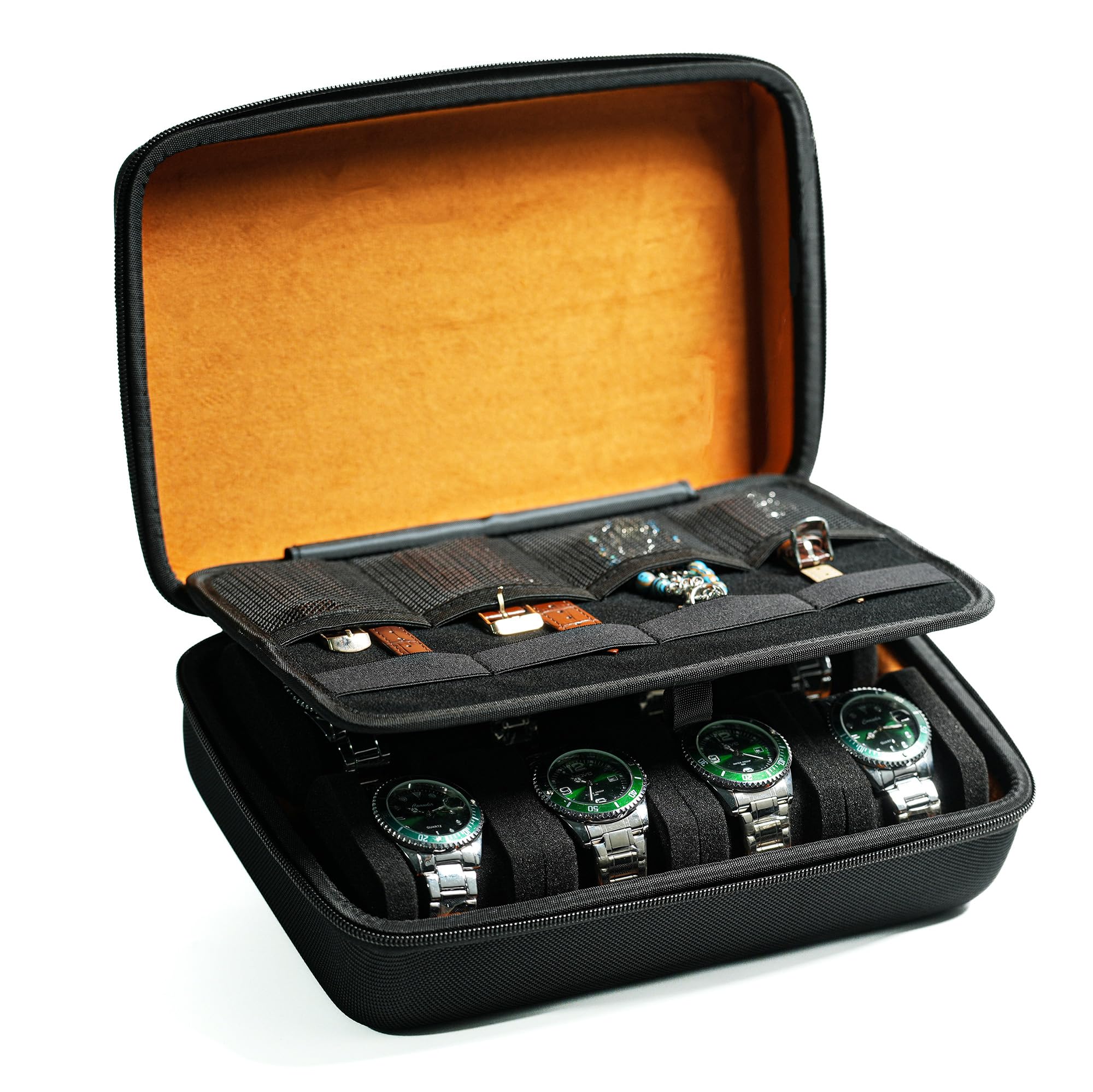 ANVLOJRIH watch travel case, Padded watch storage box organizer, with inserts for watch band and jewelries (BLACK, 8 SLOT)
