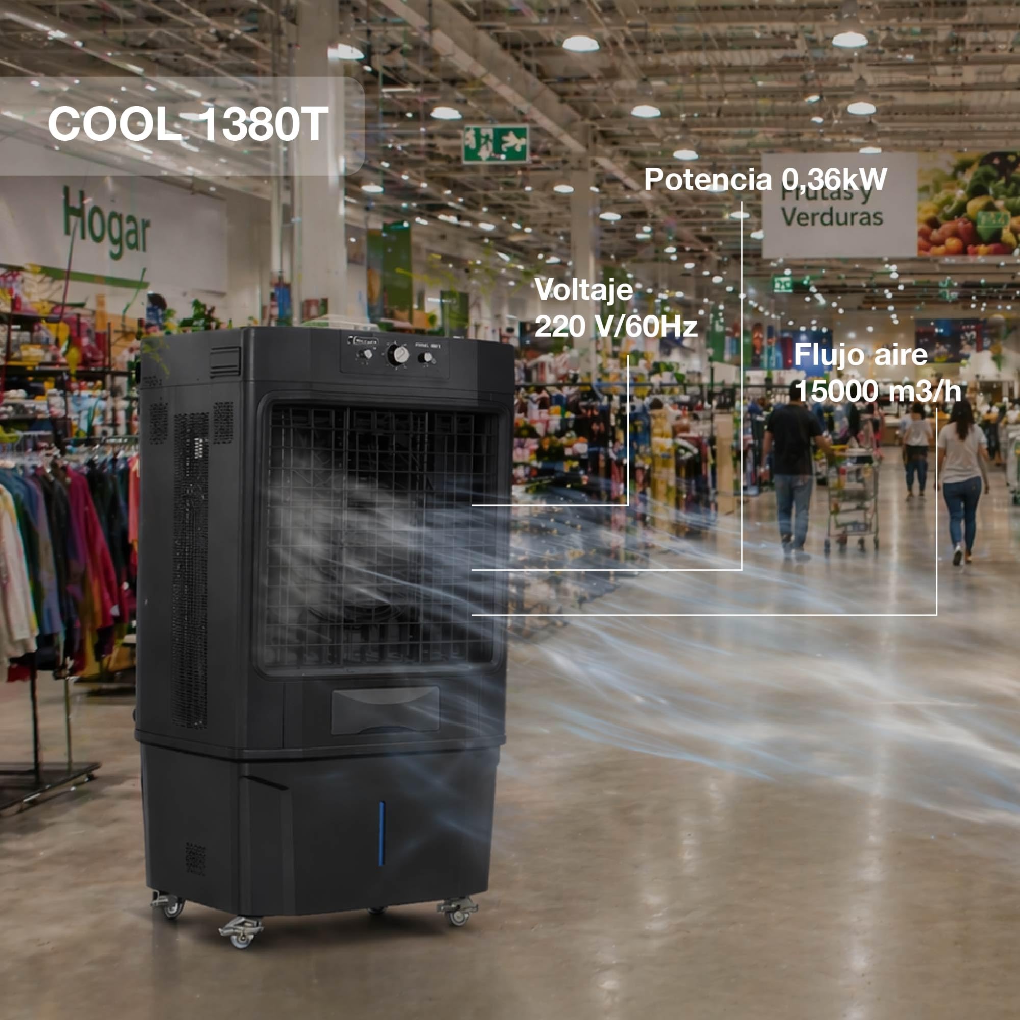 GARLAND COOL 1380T Climatizador Evaporativo 360 W | Flujo 15000 m³/h, Depósito 80 L, Para 70-100 m², Estructura Metálica, Bajo Consumo, Portátil, Control Manual