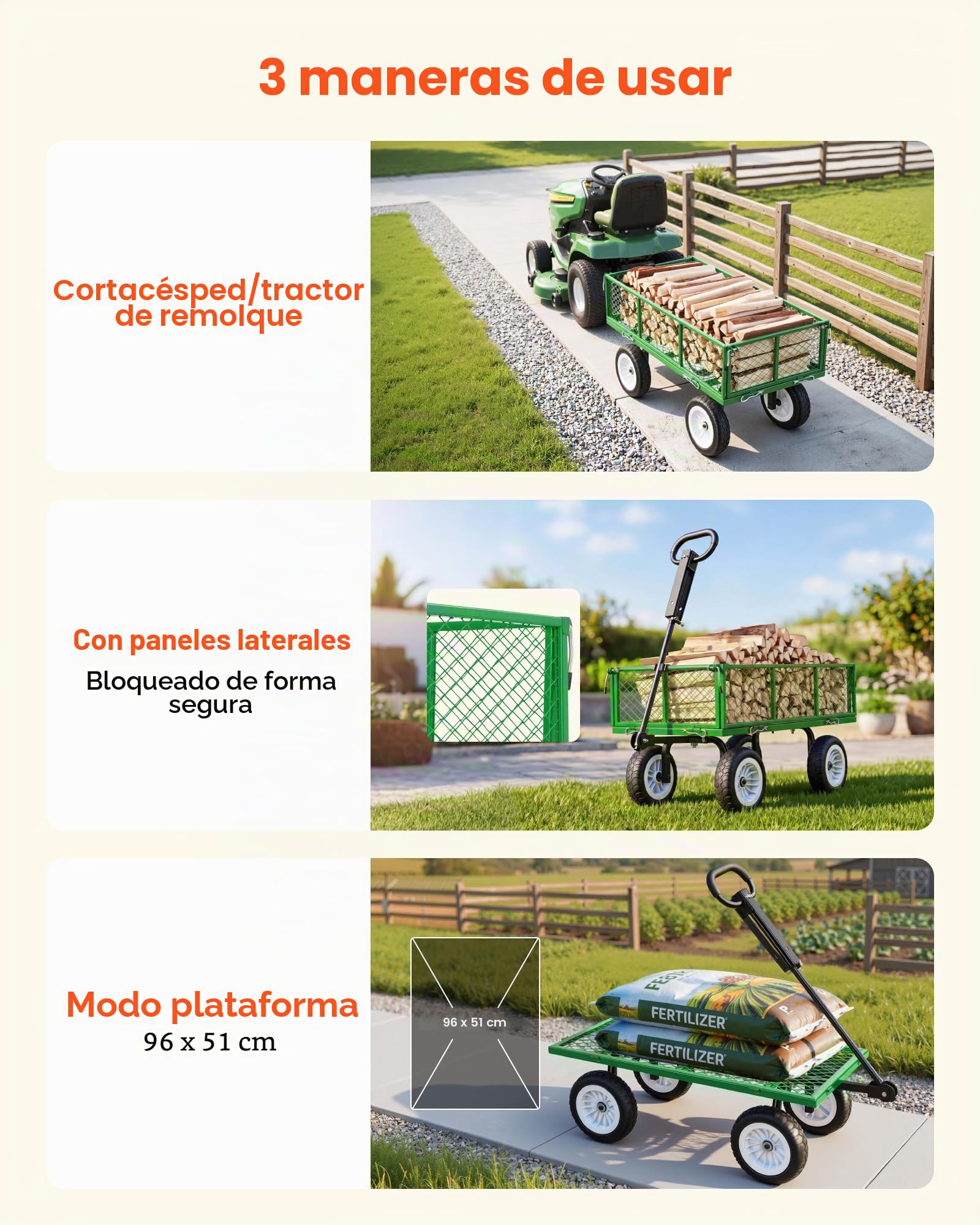 VEVOR Carro de Jardín con Ruedas, Carro de Mano Capacidad Máxima 408 kg, Acero Reforzado con Neumáticos, Asa Ajustable, Paneles Laterales Desmontables para Exterior Transporte de Carga Pesada, Verde