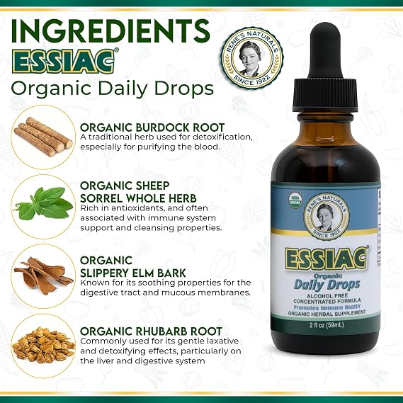 Essiac Original Tea USDA قطرات يومية عضوية لتعزيز الصرف اللمفاوي ودعم المناعة | تركيبة مركزة خالية من الكحول | 2 أوقية (59 مل)