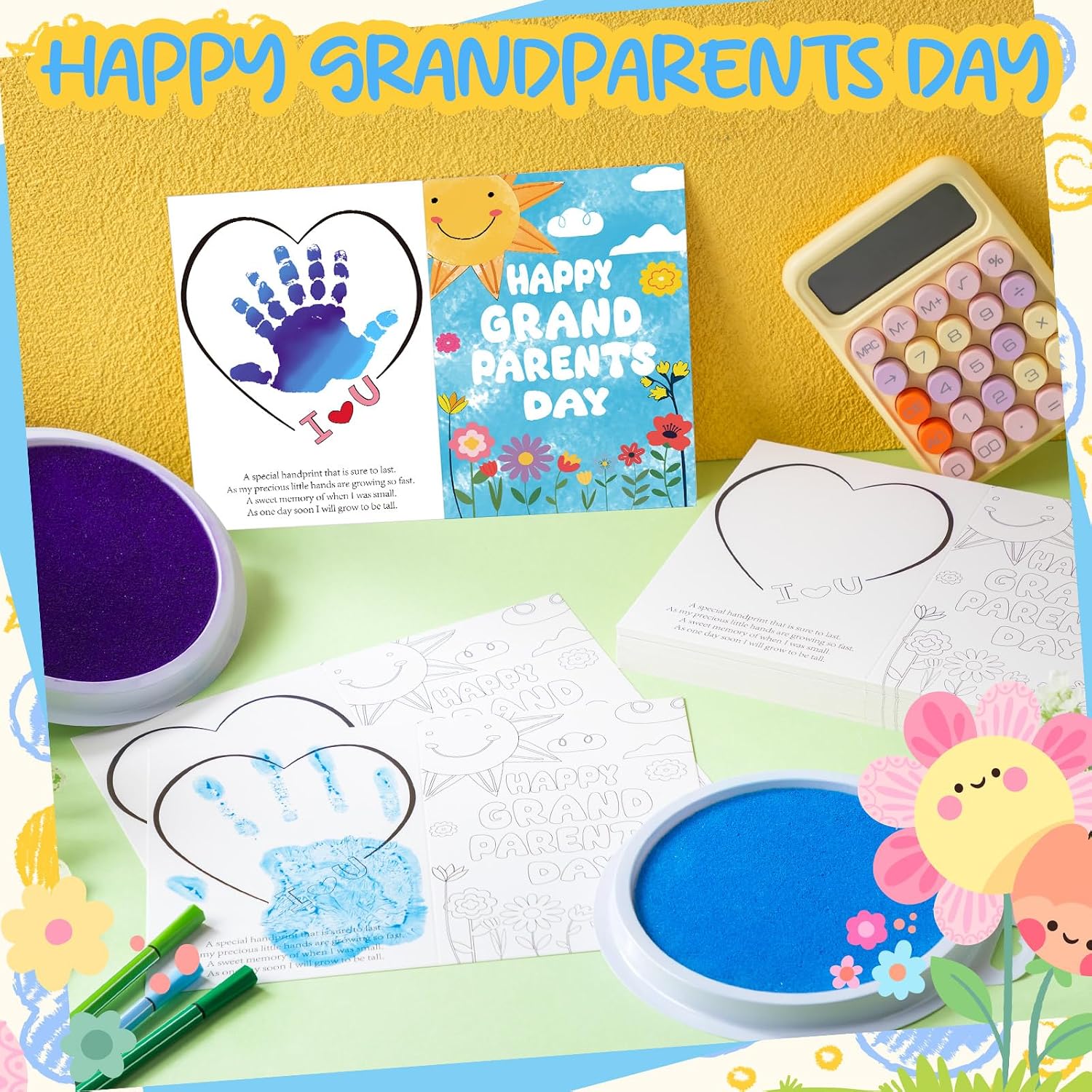 Motipuns 60 Pcs Grandparents Day Handprint Cards Kit 5 x 7 Inch Greeting Cards and 2 Pcs Large Ink Pad Grandparents Day Handprint Craft DIY Kit Fun Activities DIY Grand-Parents Gift Craft image 4