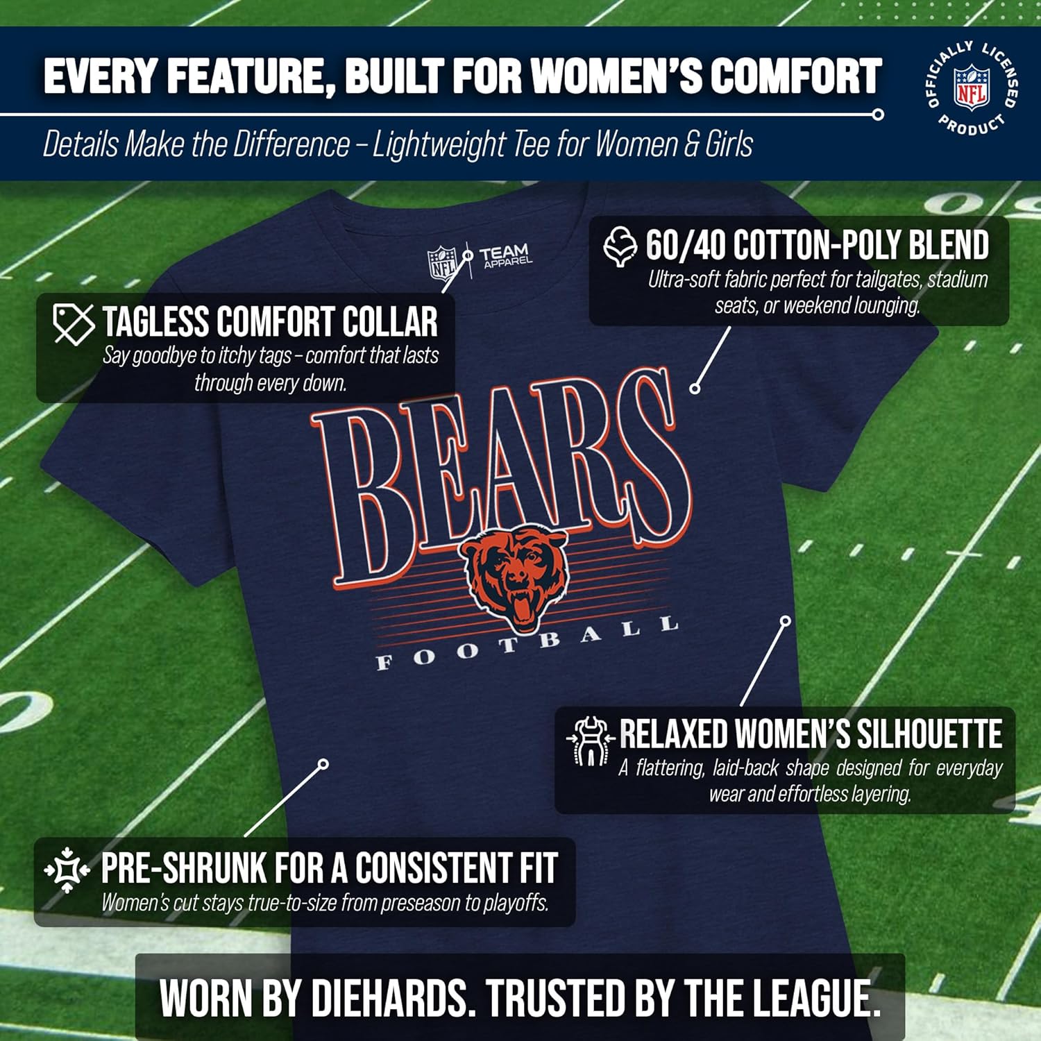 Team Fan Apparel NFL Womens Overtime Blueprint Tag-Less T-Shirt, Ladies Football Tee, Short Sleeve, Soft Cotton, Vintage - Image 3